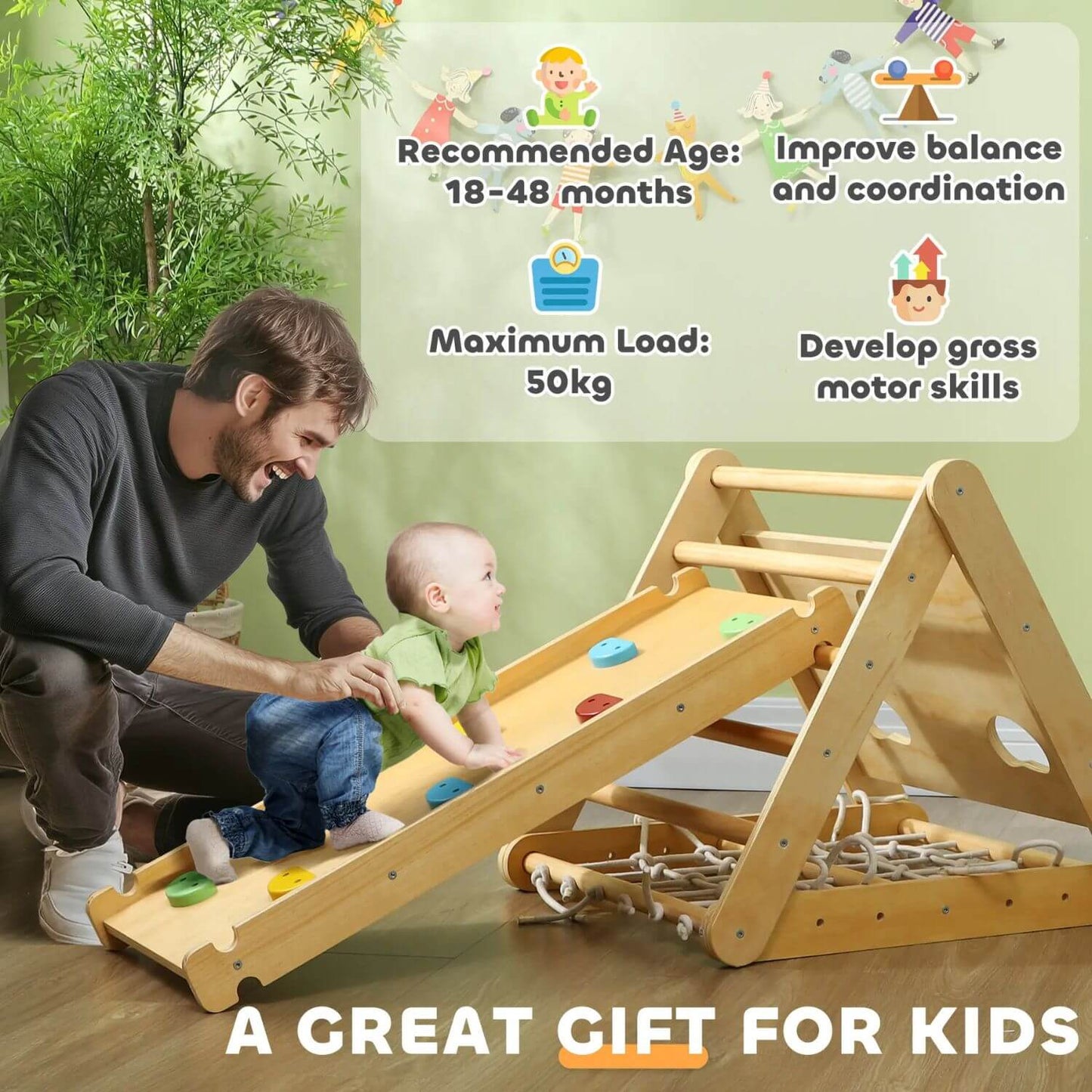 Dad & Baby Playing Qaba 7-in-1 Pikler Triangle Set Multicolored