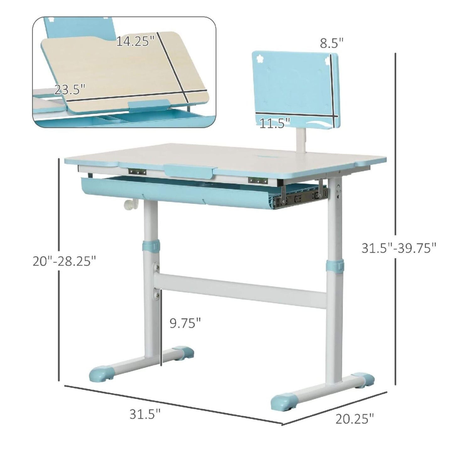 Qaba Height Adjustable Children School Study Table with Tilt Desktop Blue, showing dimensions on a white background.