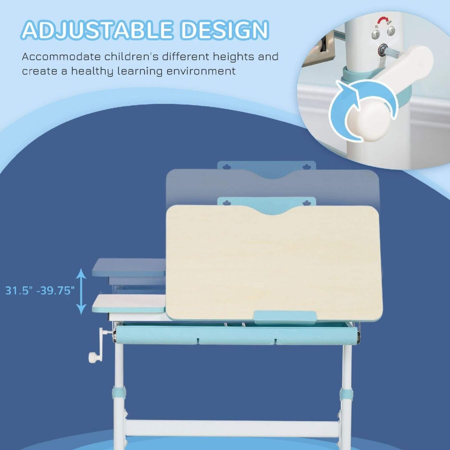 Adjustable children's desk with height indicator on a blue background