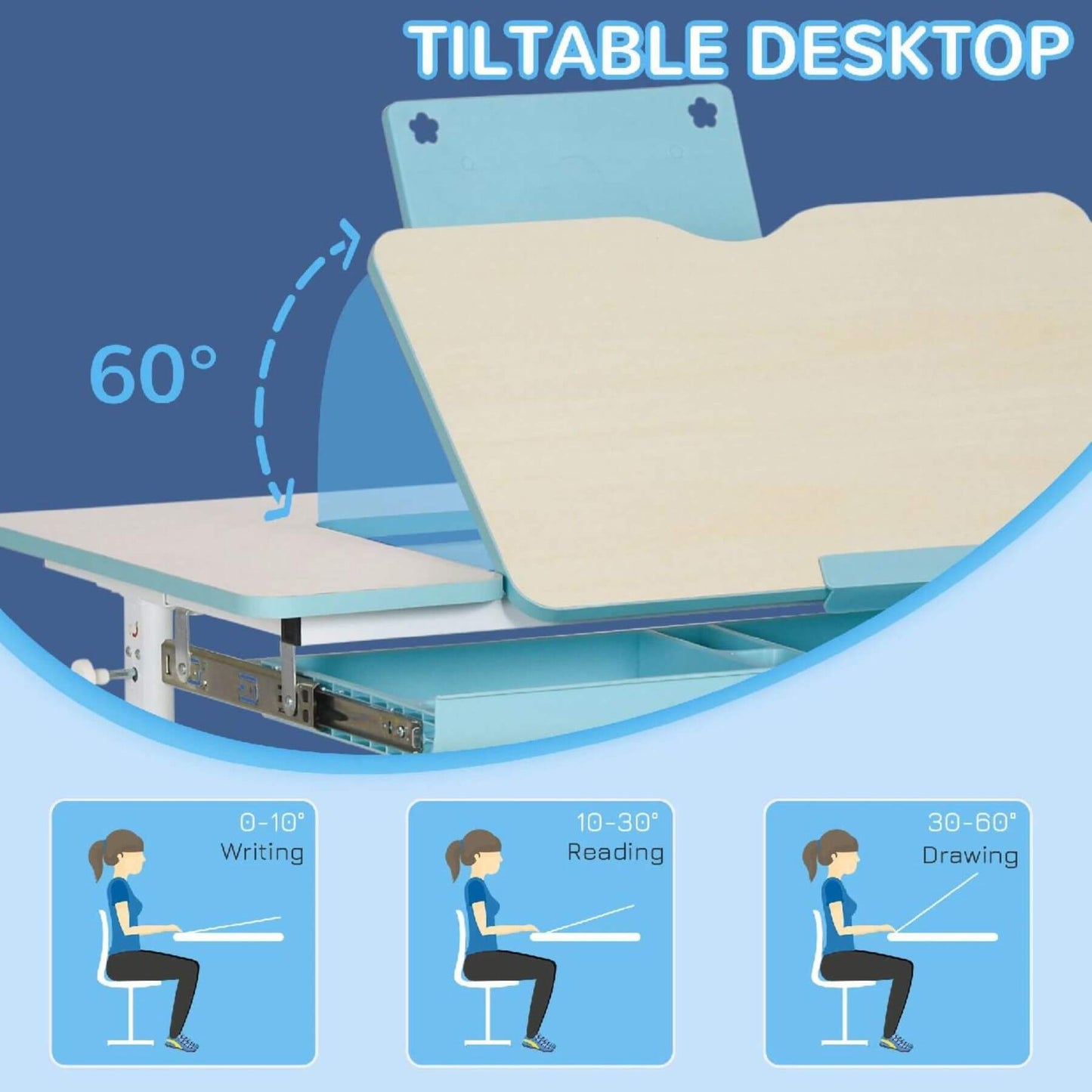 Illustration of a tiltable desktop with ergonomic usage scenarios on a blue background