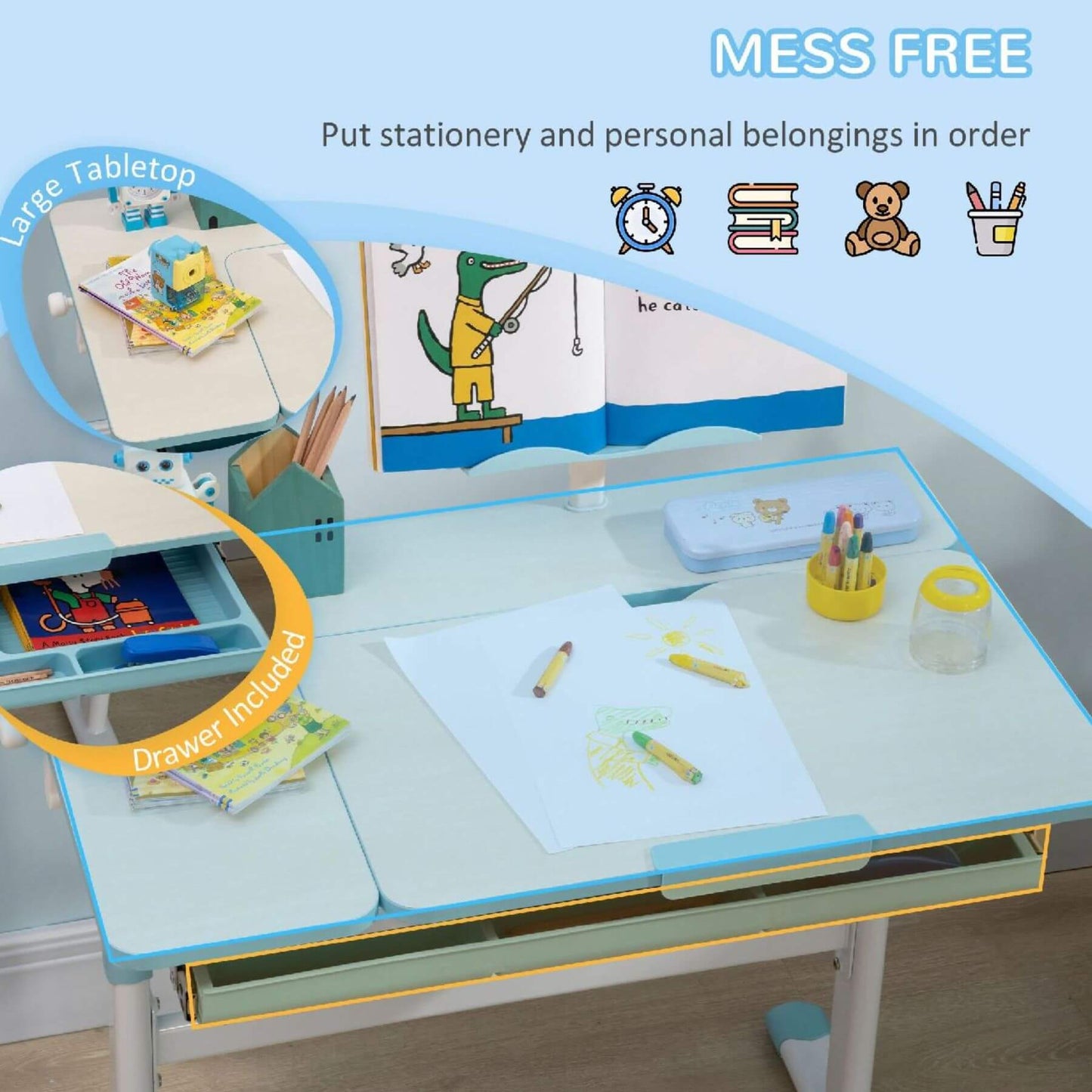 Children's desk with various stationery items and a large tabletop drawer, emphasizing organization.