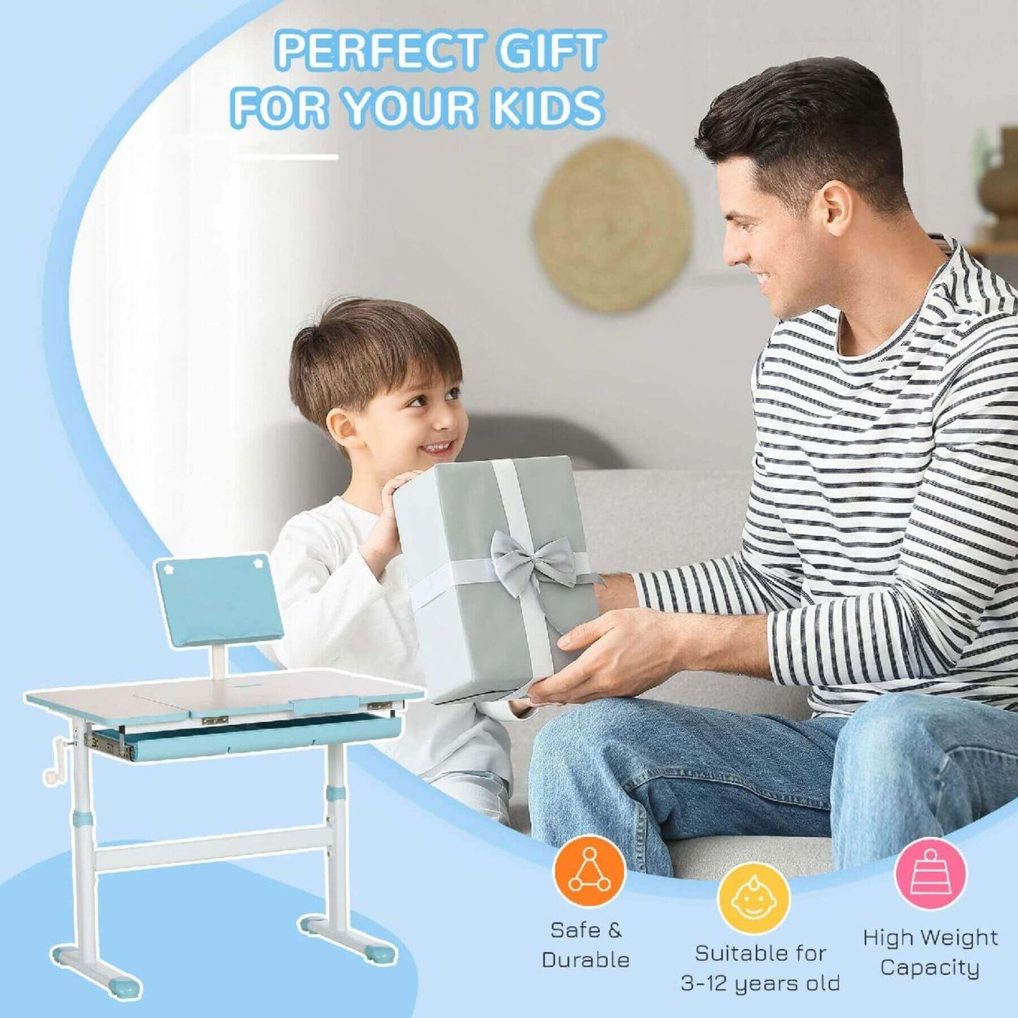 Man and child with a gift, desk, and text about a product for kids.