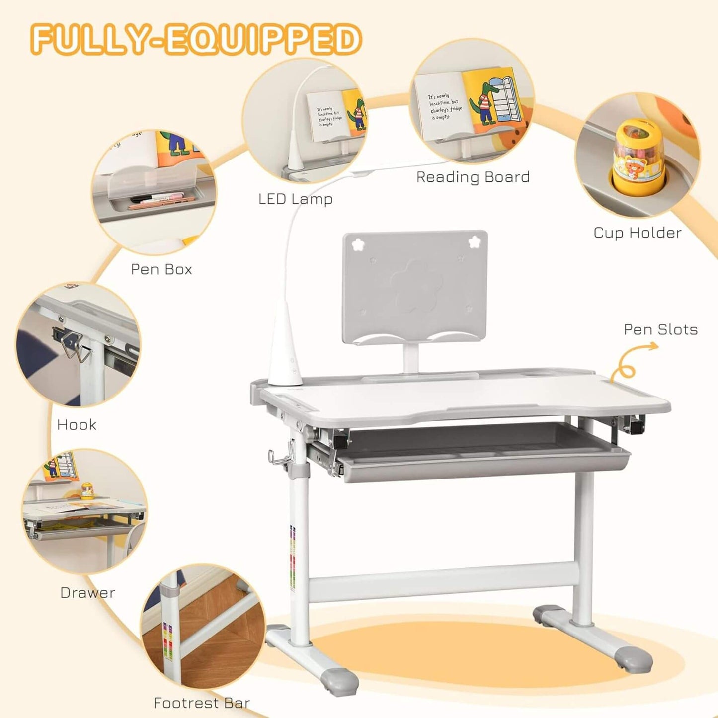 Qaba Kids Desk and Chair Set with USB Light, Storage Drawer Grey with various features labeled on a beige background