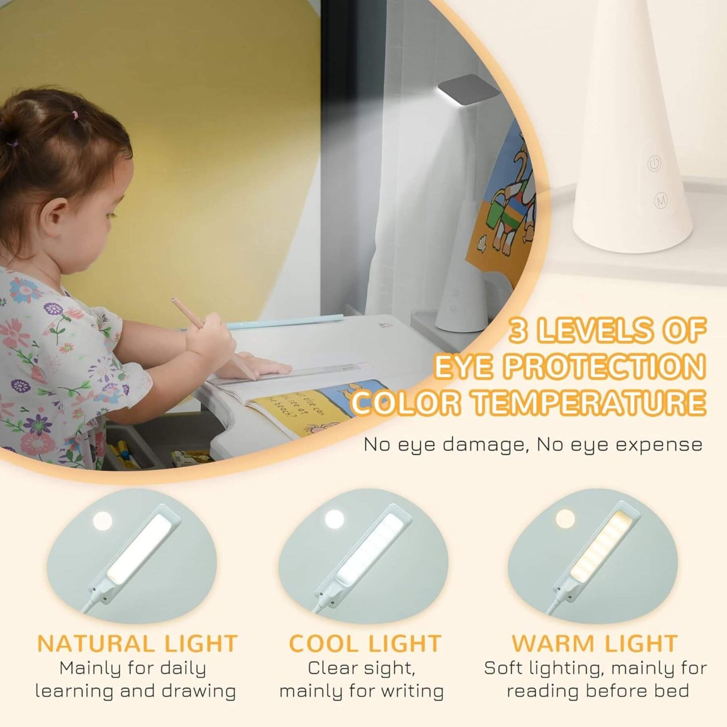 Child using a desk with a lamp, showing three levels of eye protection color temperature.
