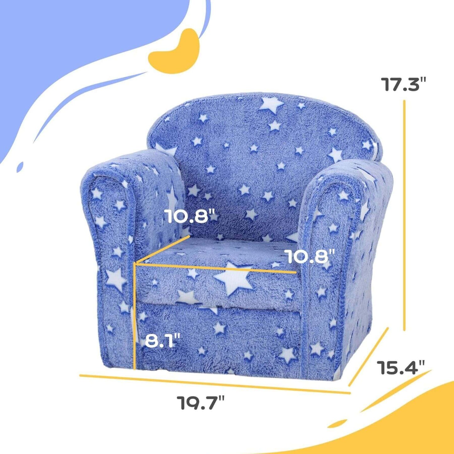 Qaba Kids Sofa with Glowing Star Design Blue and measurements on a white background