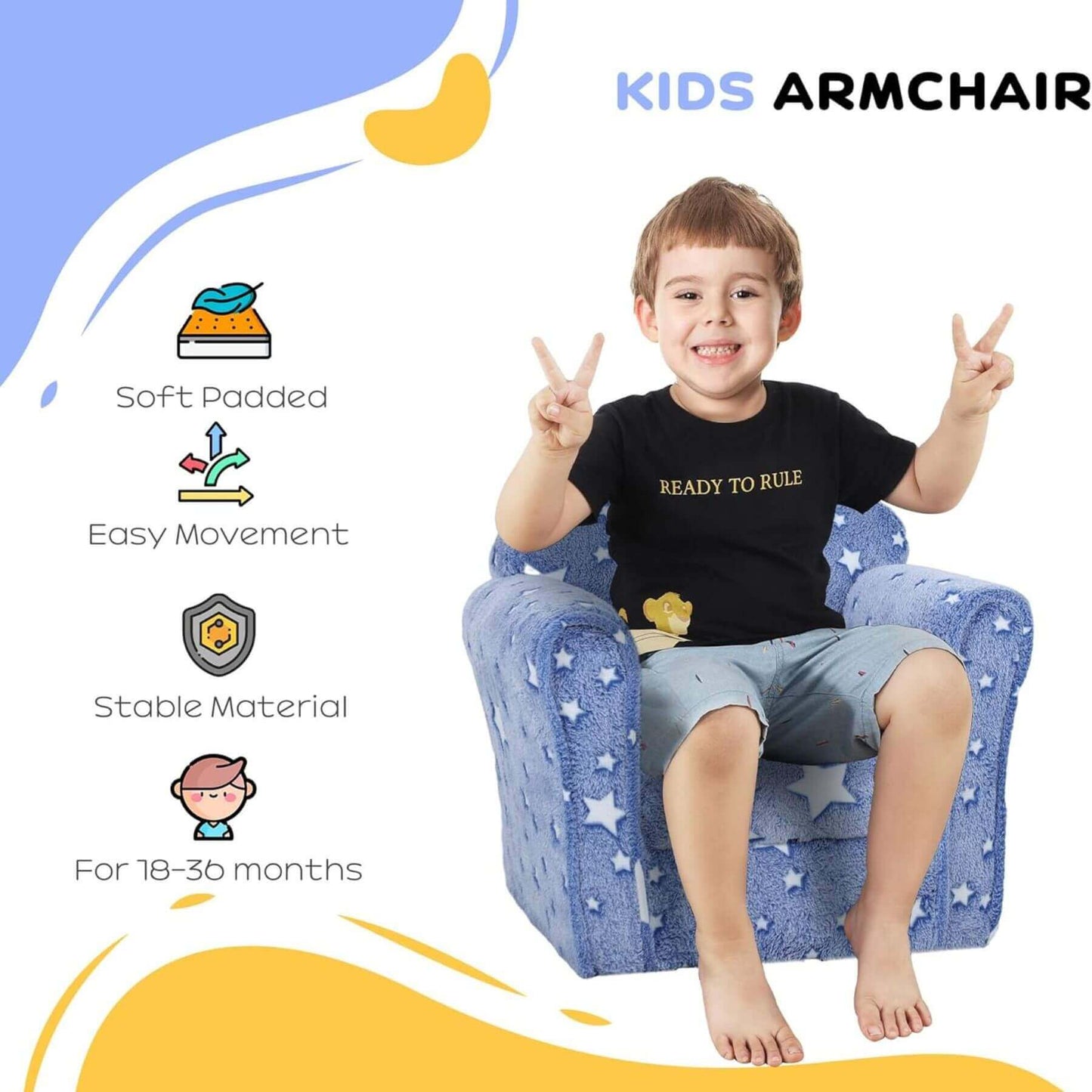 Child sitting on Qaba Kids Sofa with Glowing Star Design Blue with product features listed.