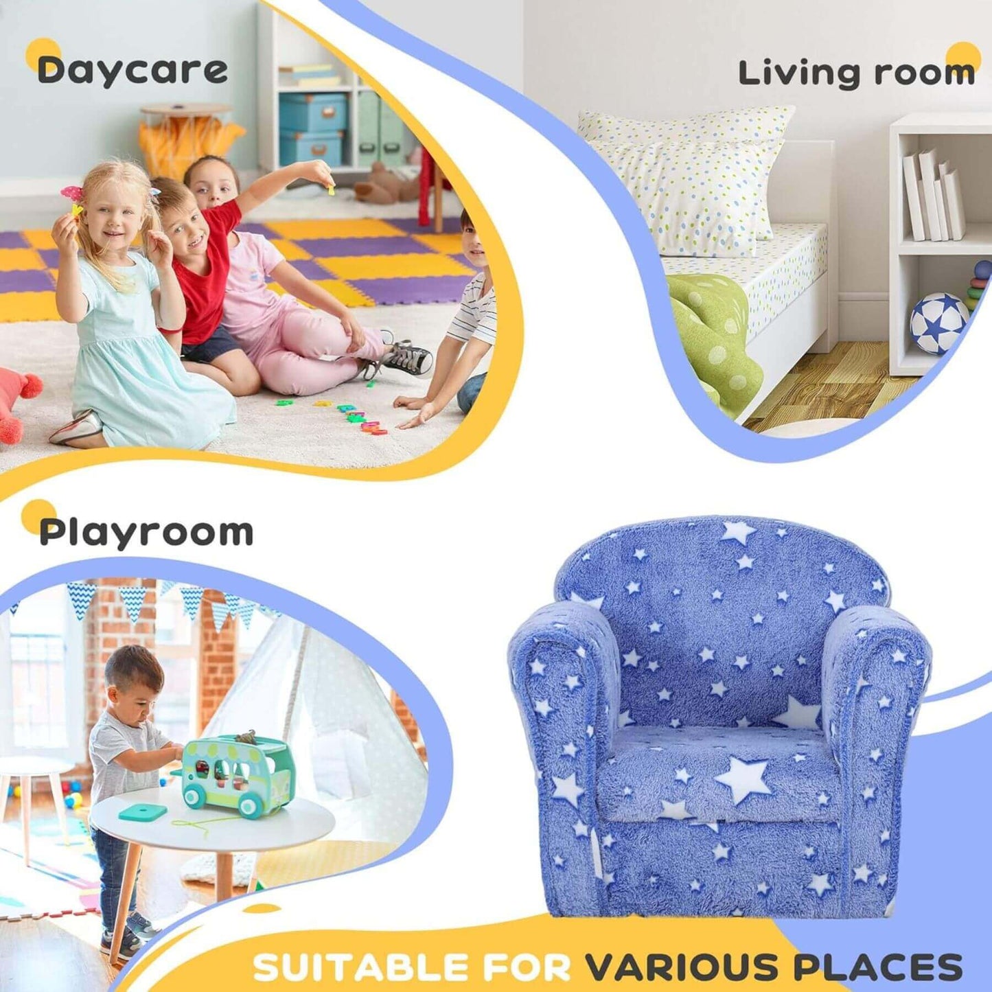 Collage of a daycare, living room, and playroom with Qaba Kids Sofa with Glowing Star Design Blue featuring star patterns.