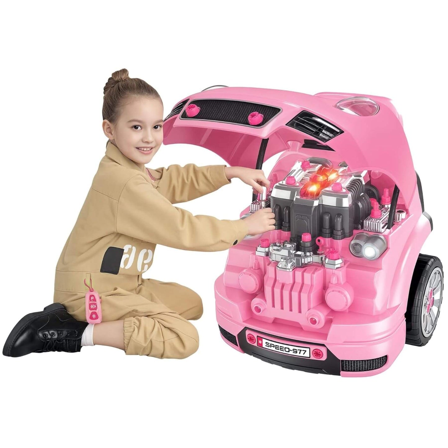 Girl Playing Qaba Mechanic Kids Truck Engine Toy Set Pink