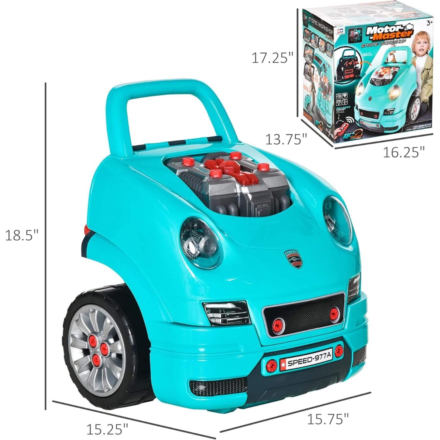 Qaba Mechanic Kids Truck Engine Toy Set Teal with dimensions displayed on a white background