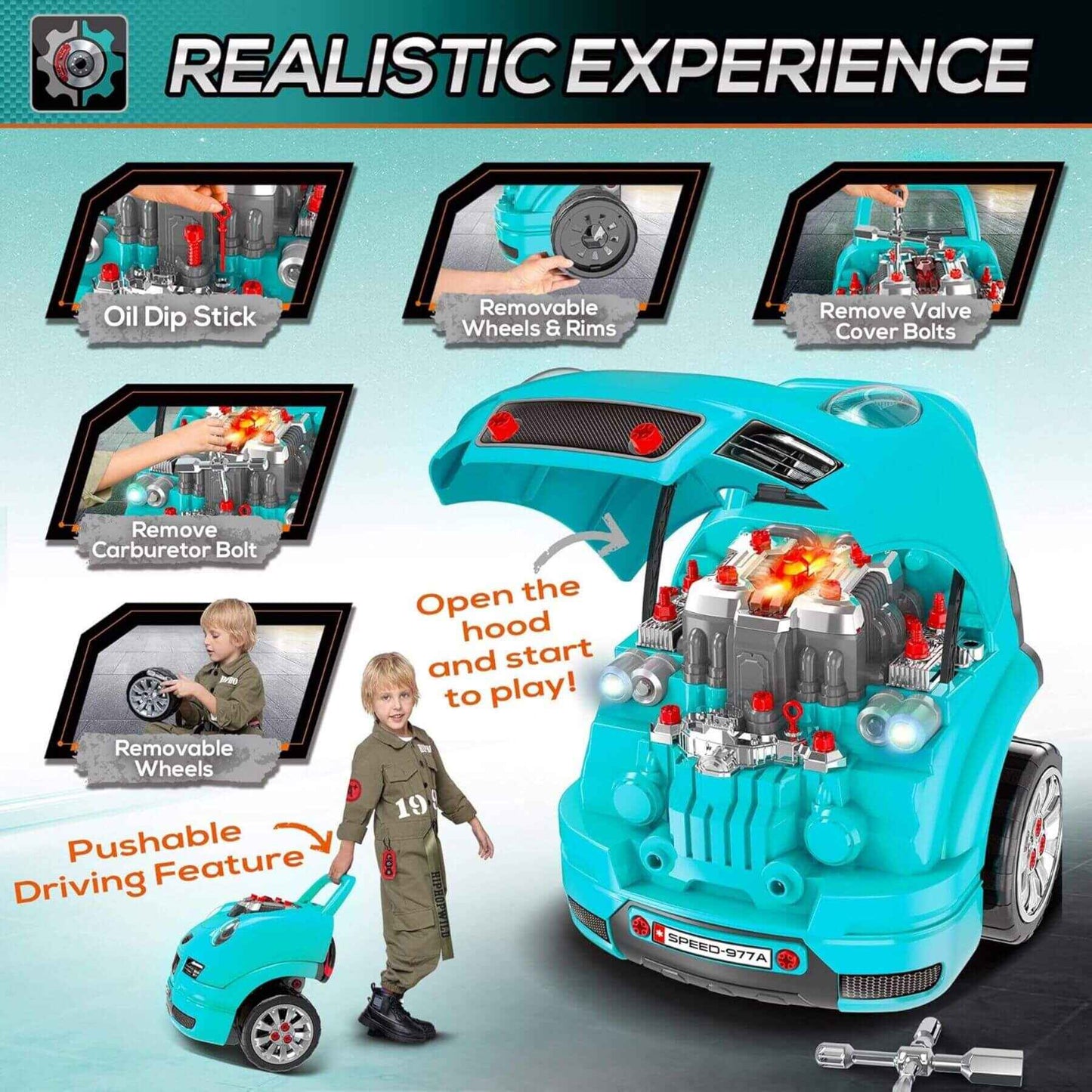 Qaba Mechanic Kids Truck Engine Toy Set Teal with open hood showing engine components, surrounded by instructional panels and a child model.