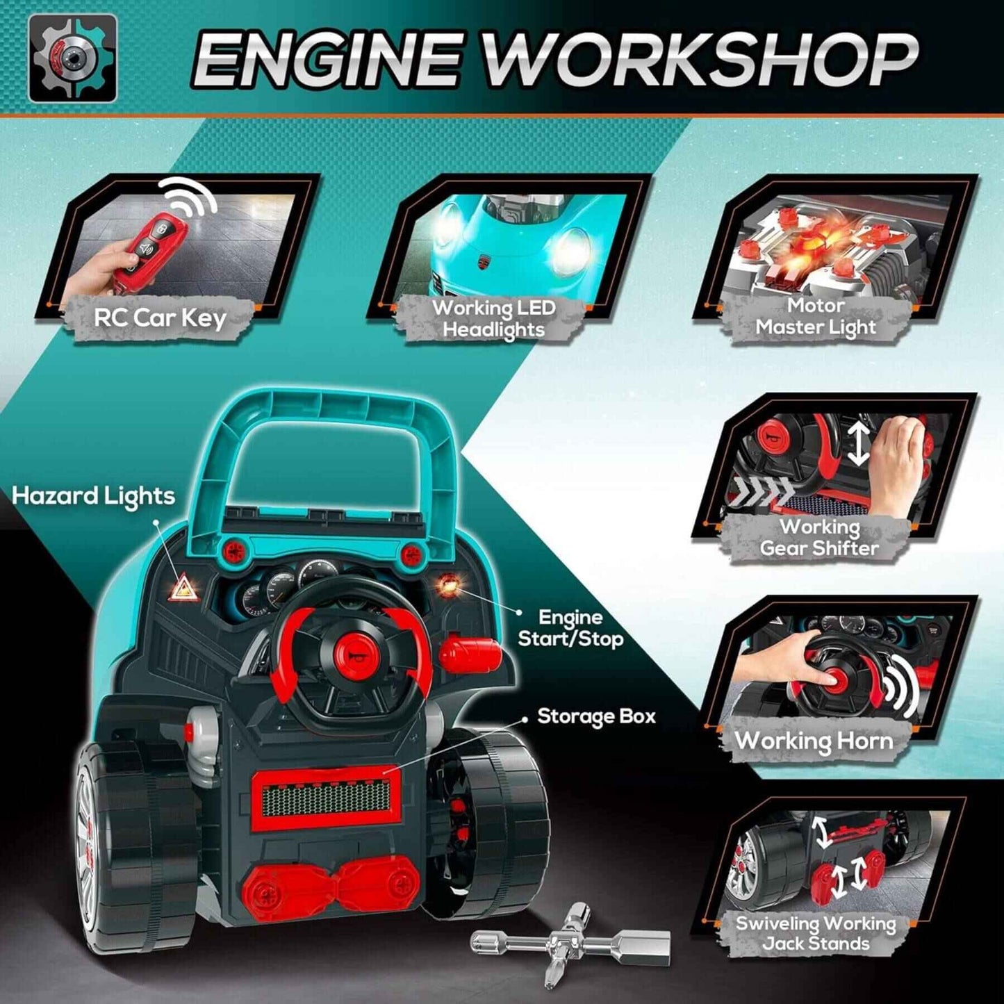 Qaba Mechanic Kids Truck Engine Toy Set Teal with various features and components on a blue background.