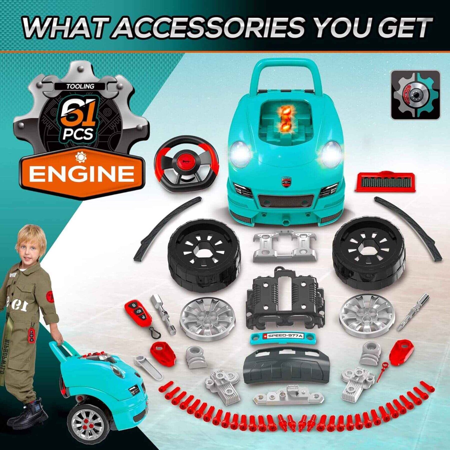 Qaba Mechanic Kids Truck Engine Toy Set Teal with accessories and a child model, featuring text about the number of pieces included.