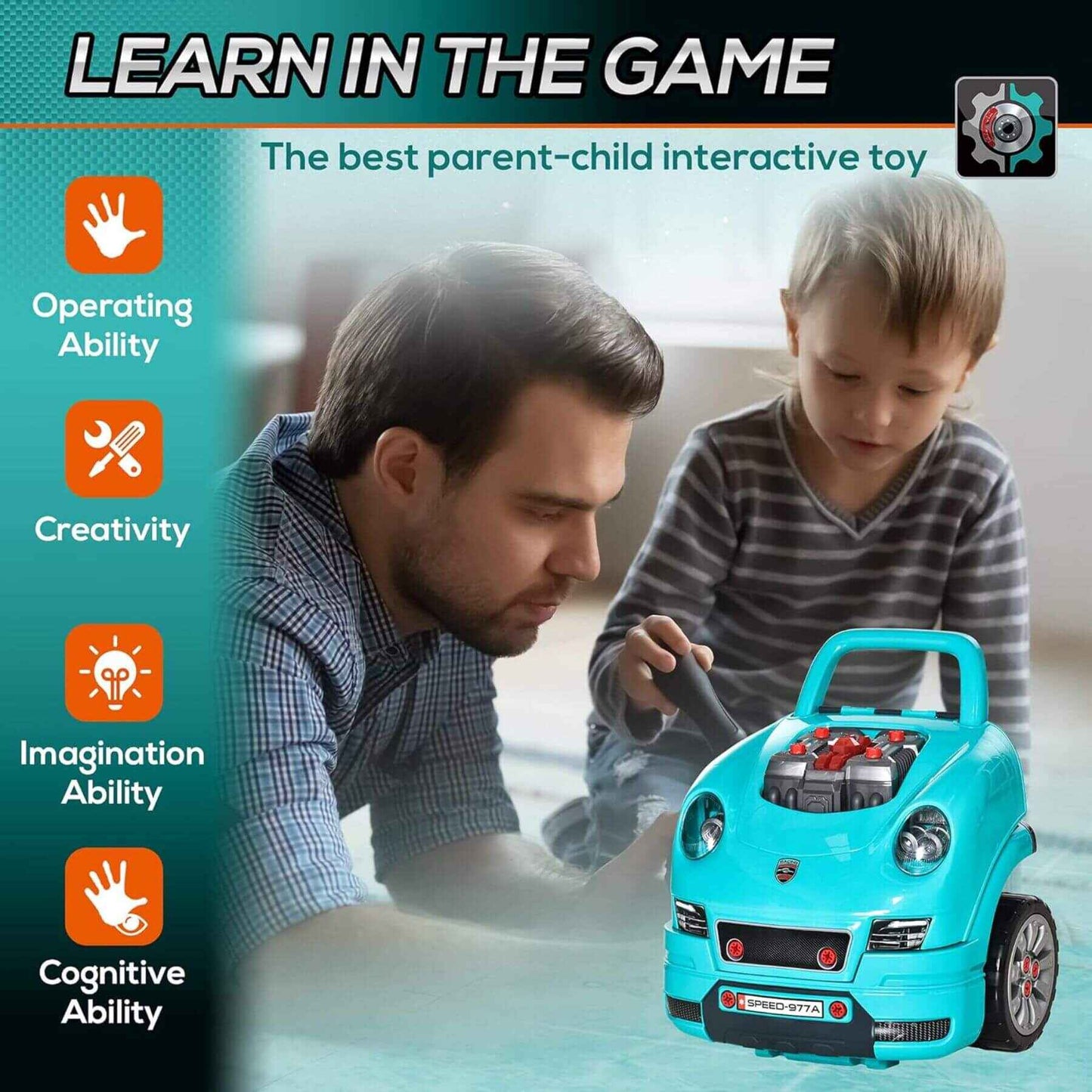 Man and child playing with Qaba Mechanic Kids Truck Engine Toy Set Teal, promoting interactive learning.