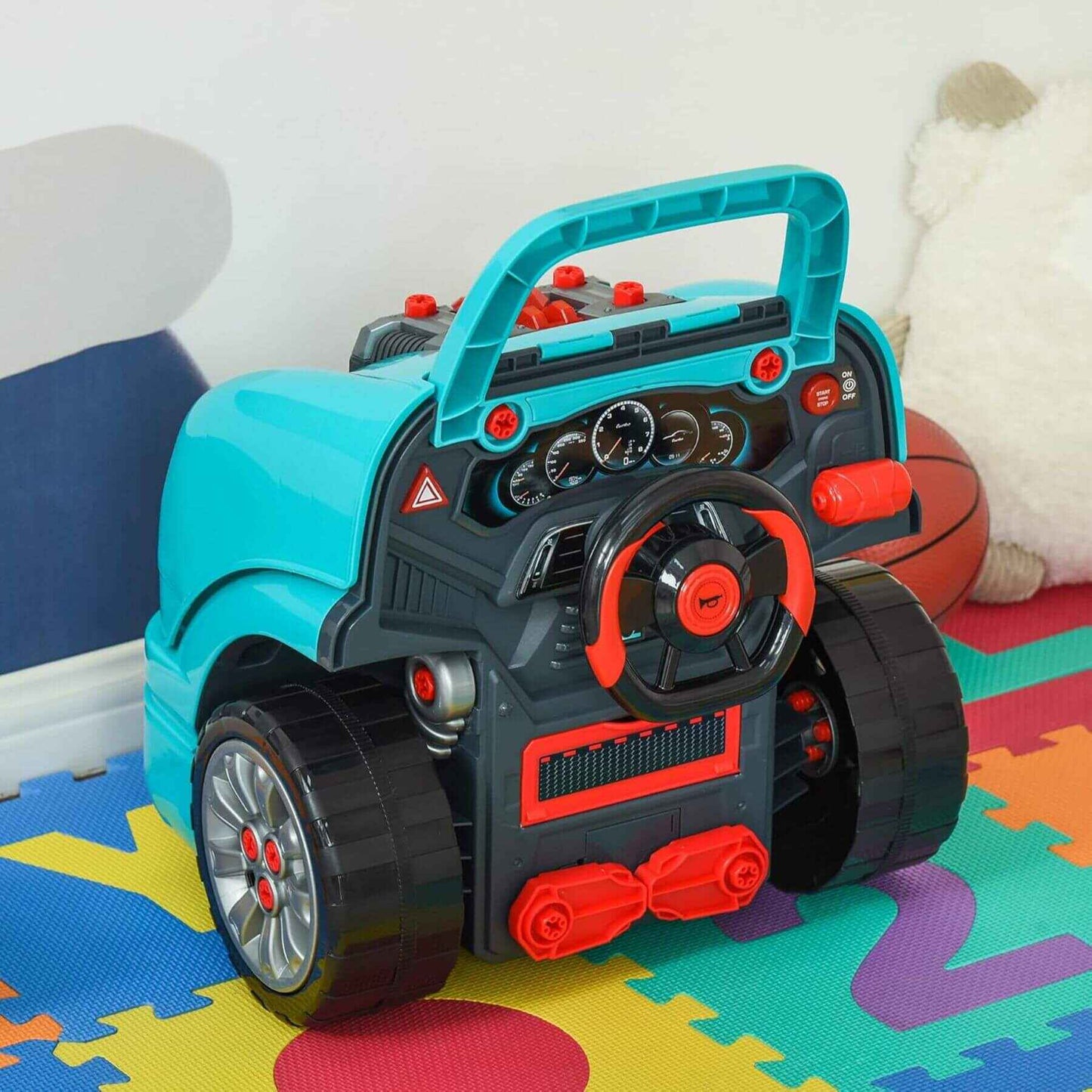 Qaba Mechanic Kids Truck Engine Toy Set Teal on a colorful mat