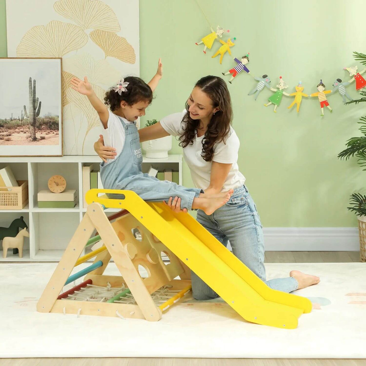 Mom Carrying Kid, Playing Qaba 5-in-1 Pikler Triangle Set with Slide & Sandbags Multicolor