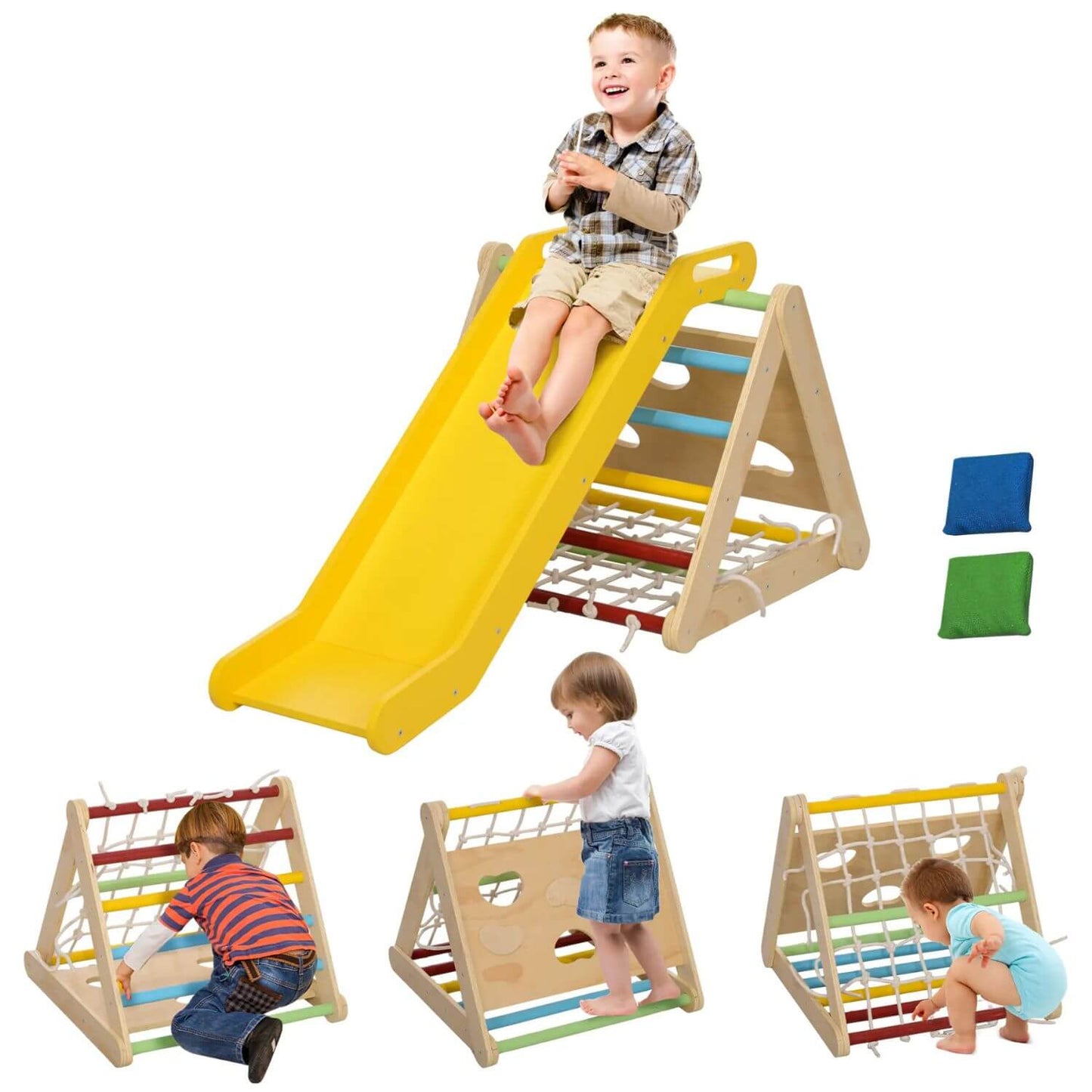 Kids Playing Qaba 5-in-1 Pikler Triangle Set with Slide & Sandbags Multicolor