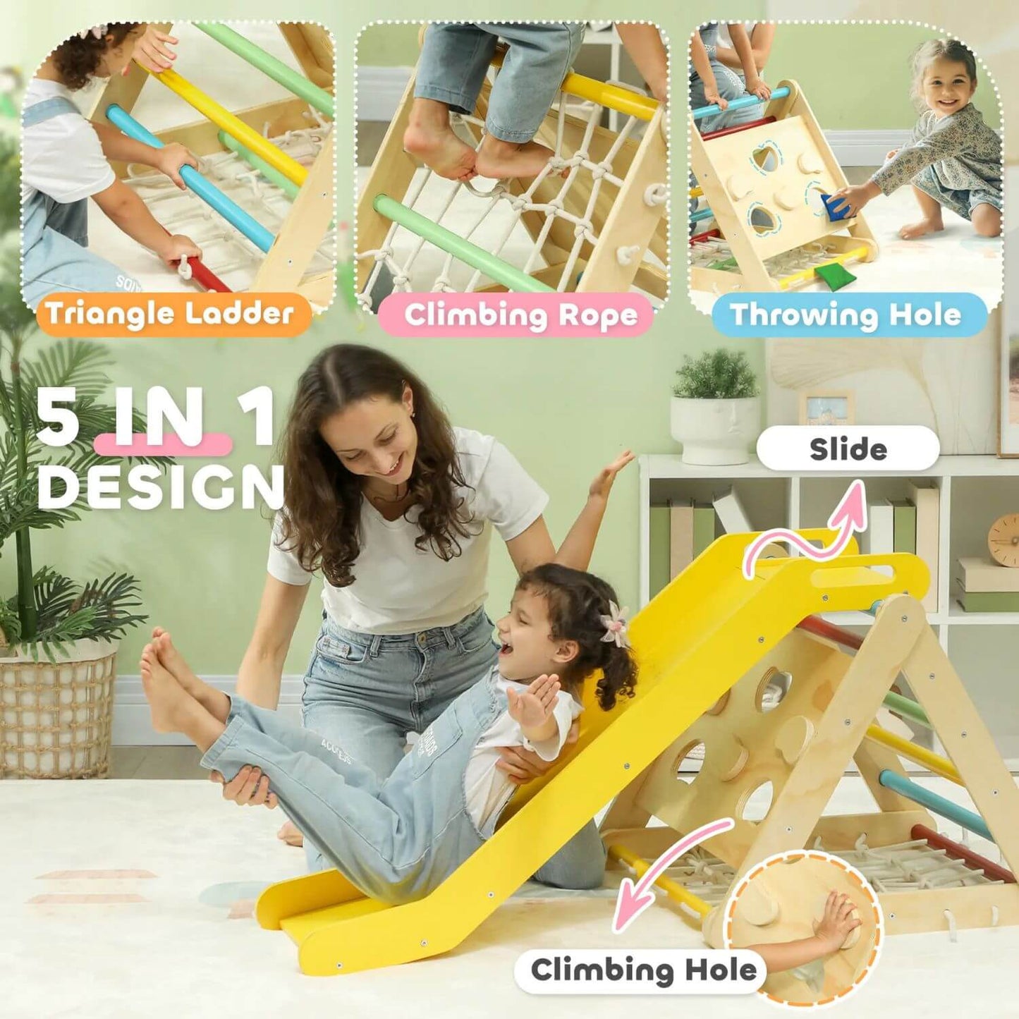 Kid Playing Qaba 5-in-1 Pikler Triangle Set with Slide & Sandbags Multicolor