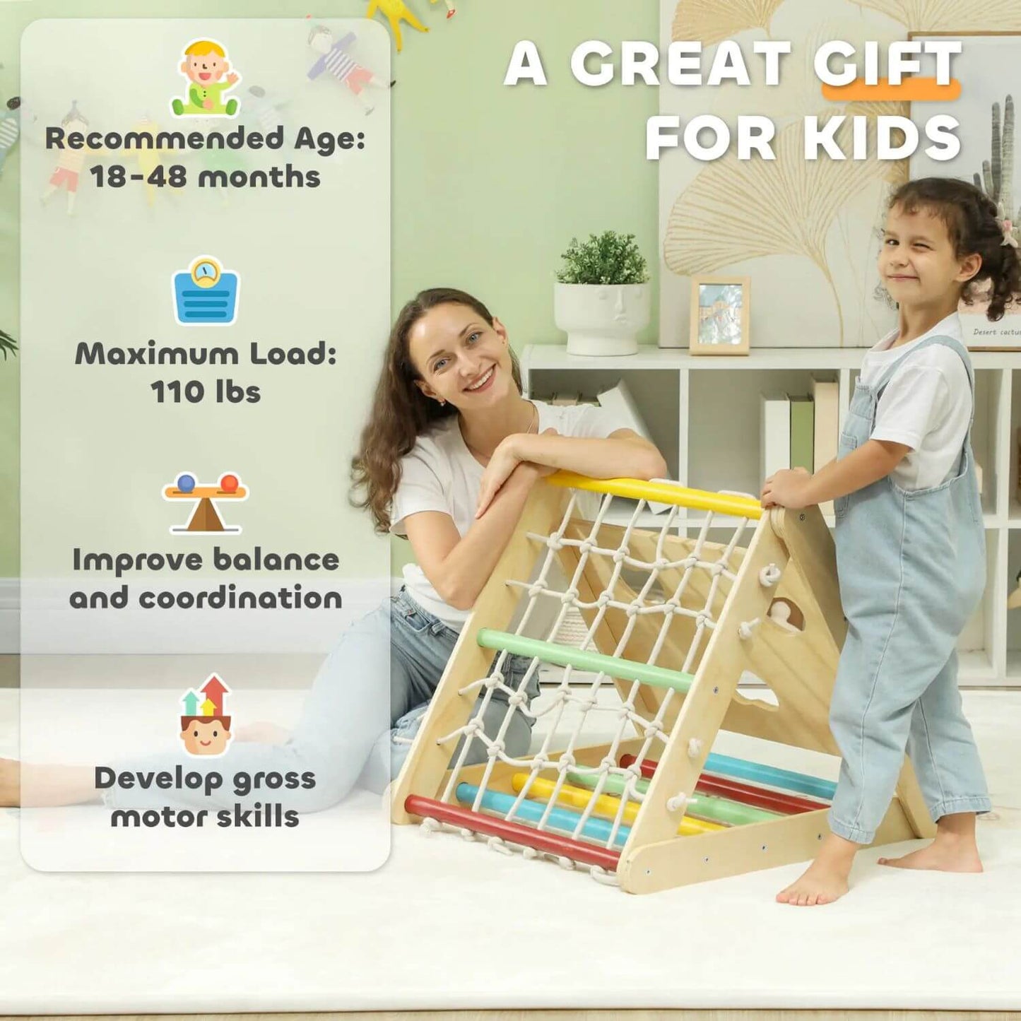 Mom & Kid next to Qaba 5-in-1 Pikler Triangle Set with Slide & Sandbags Multicolor
