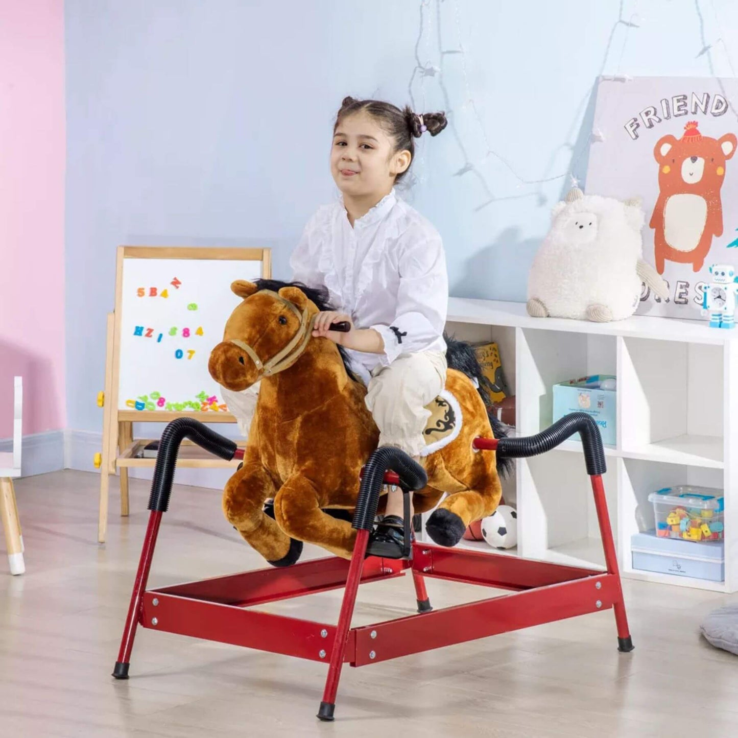 Child riding Qaba Ride on Horse with Animal Sounds Brown in a room with toys and a whiteboard.