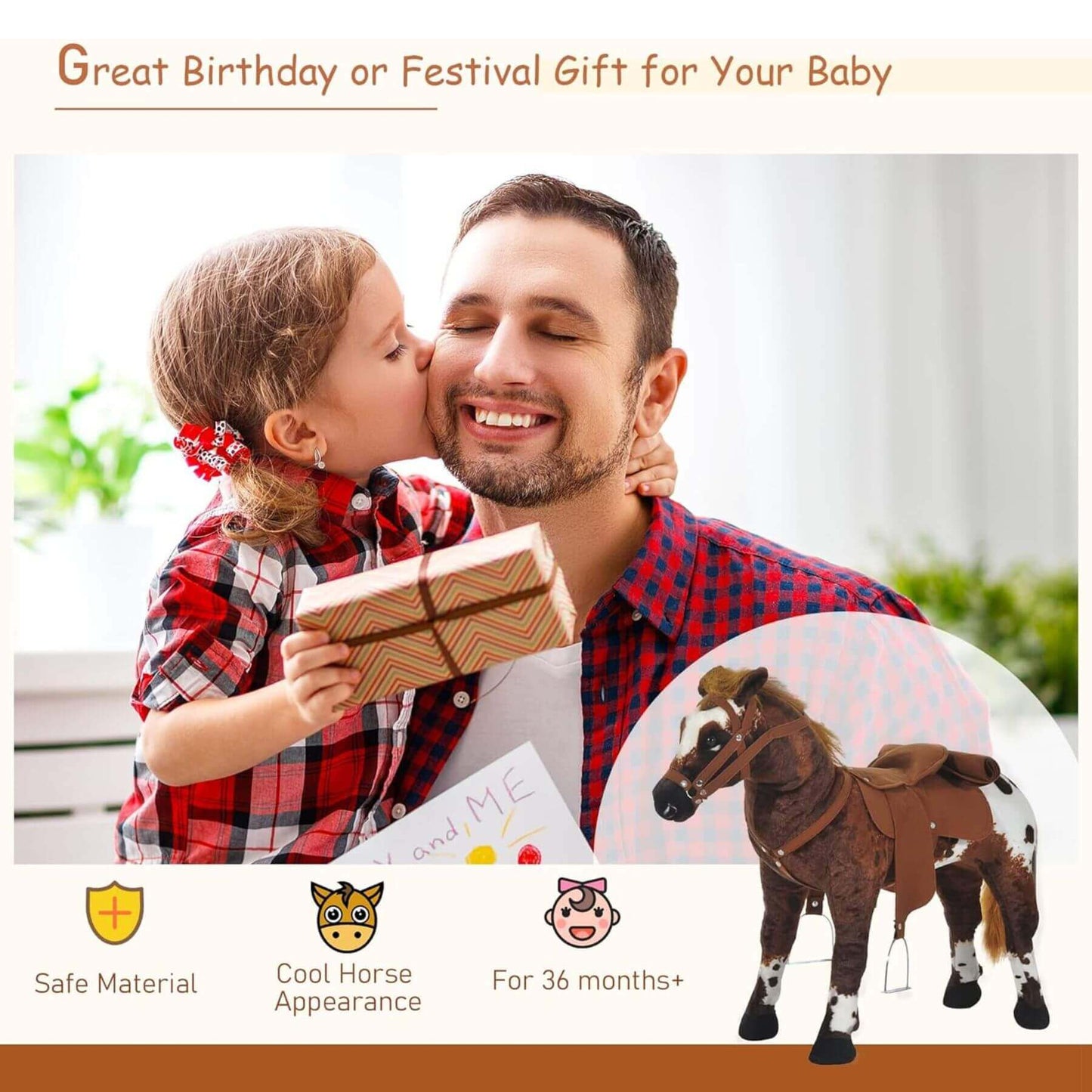 Man holding a child who is kissing him on the cheek, with Qaba Ride On Horse with Neighing and Galloping Sound Brown and text about it being a gift for a baby.
