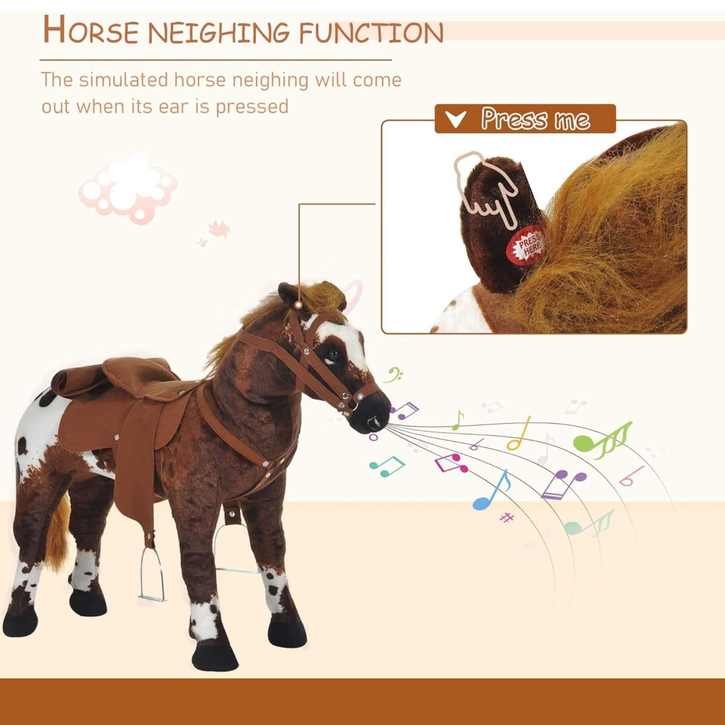 Qaba Ride On Horse with Neighing and Galloping Sound Brown on a beige background