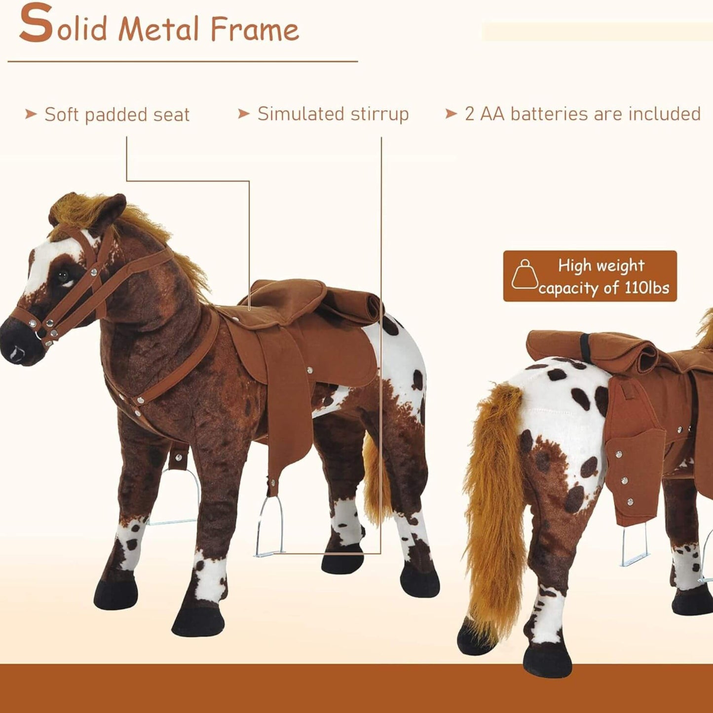 Qaba Ride On Horse with Neighing and Galloping Sound Brown on a beige background, featuring text about its features.