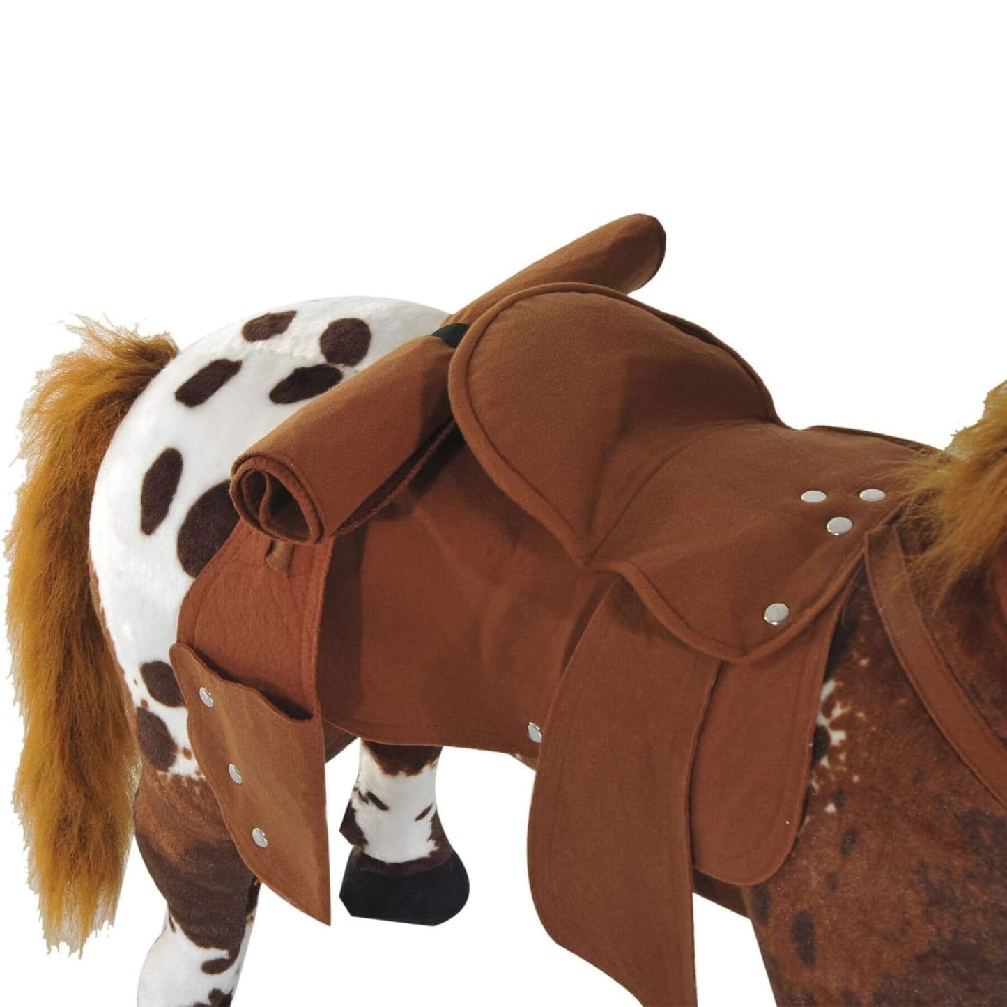 Plush toy horse with a brown saddle on a white background
