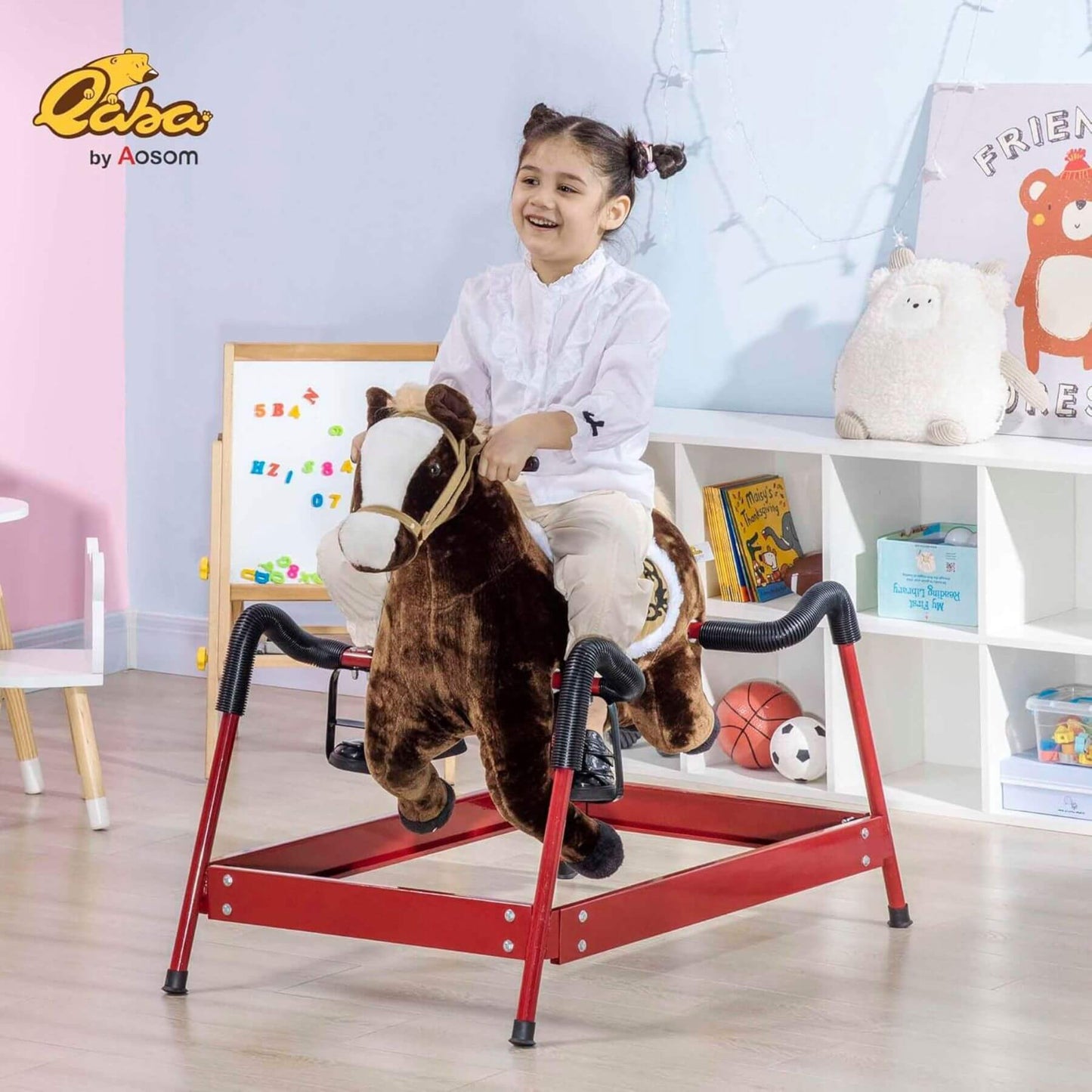 Child riding Qaba Ride on Horse with Animal Sounds Dark Brown in a room with educational posters and toys.
