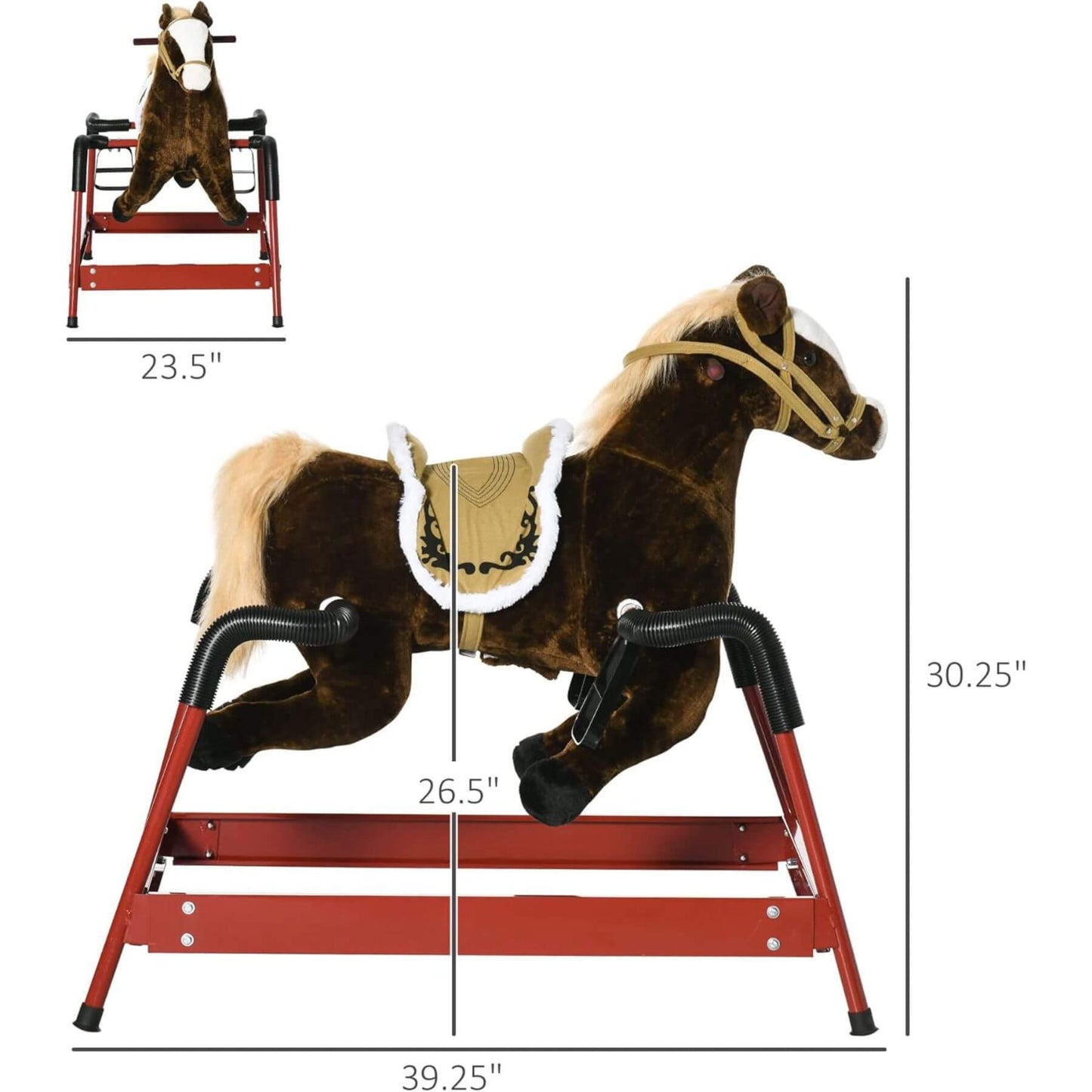 Qaba Ride on Horse with Animal Sounds Dark Brown with measurements on a white background
