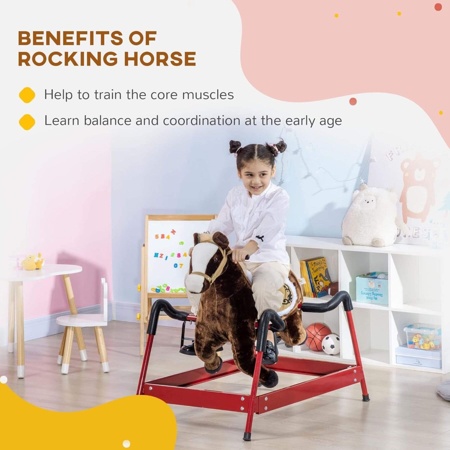 Child riding Qaba Ride on Horse with Animal Sounds Dark Brown in a playroom with educational toys and furniture.