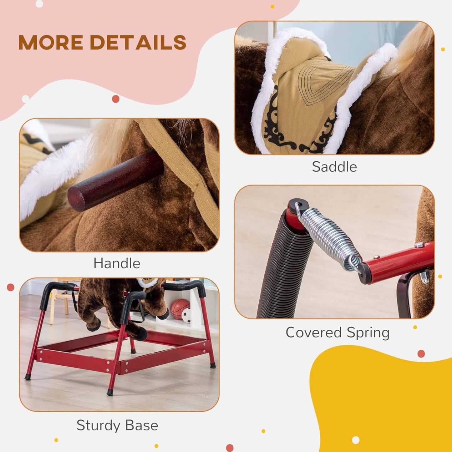 Product details of a ride-on horse with labeled parts on a pink background.