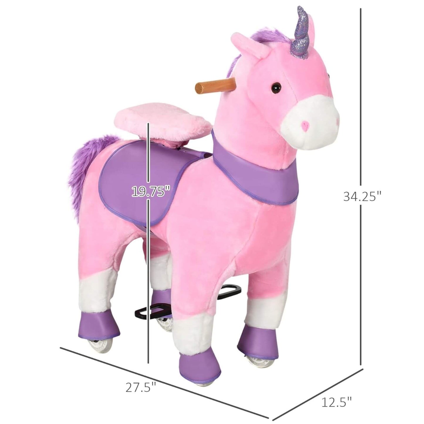 Qaba Ride On Real Walking Unicorn with Sparkly Horn Pink with measurements on a white background