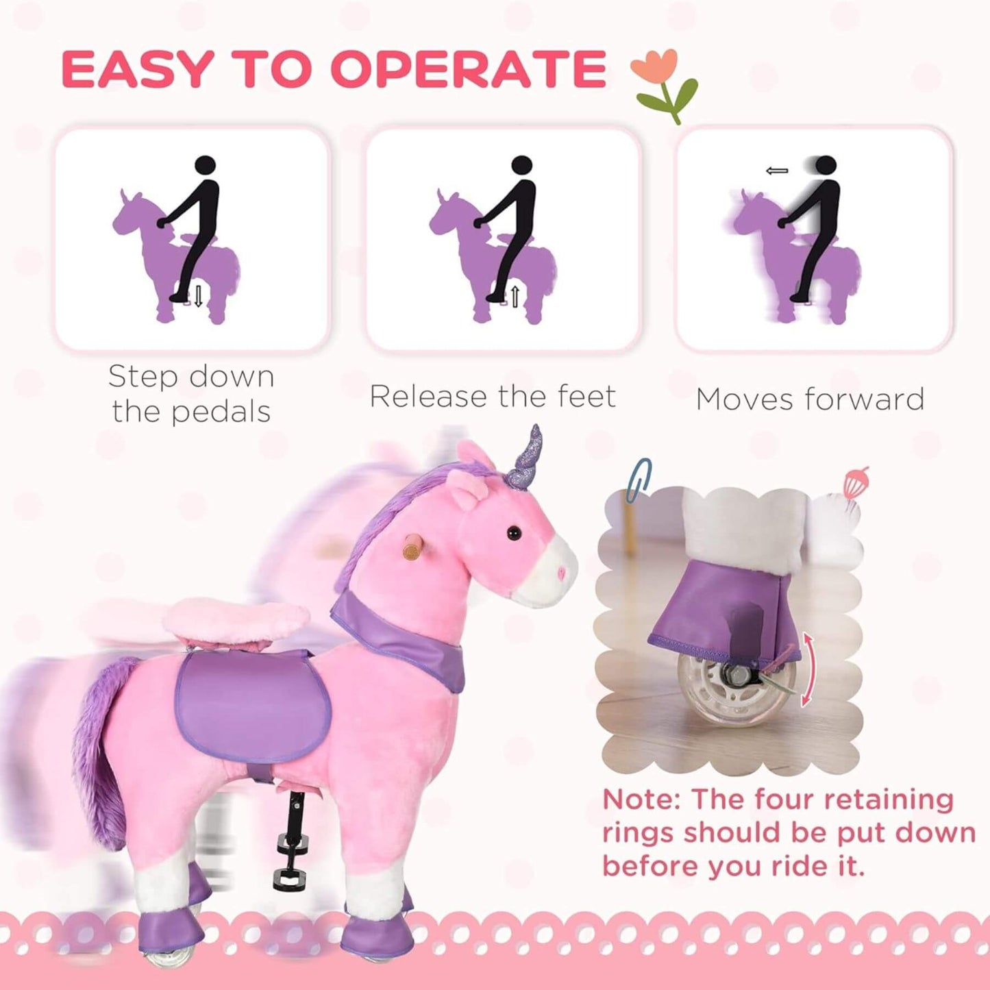 Qaba Ride On Real Walking Unicorn with Sparkly Horn Pink with instructions on how to operate it on a pink background.