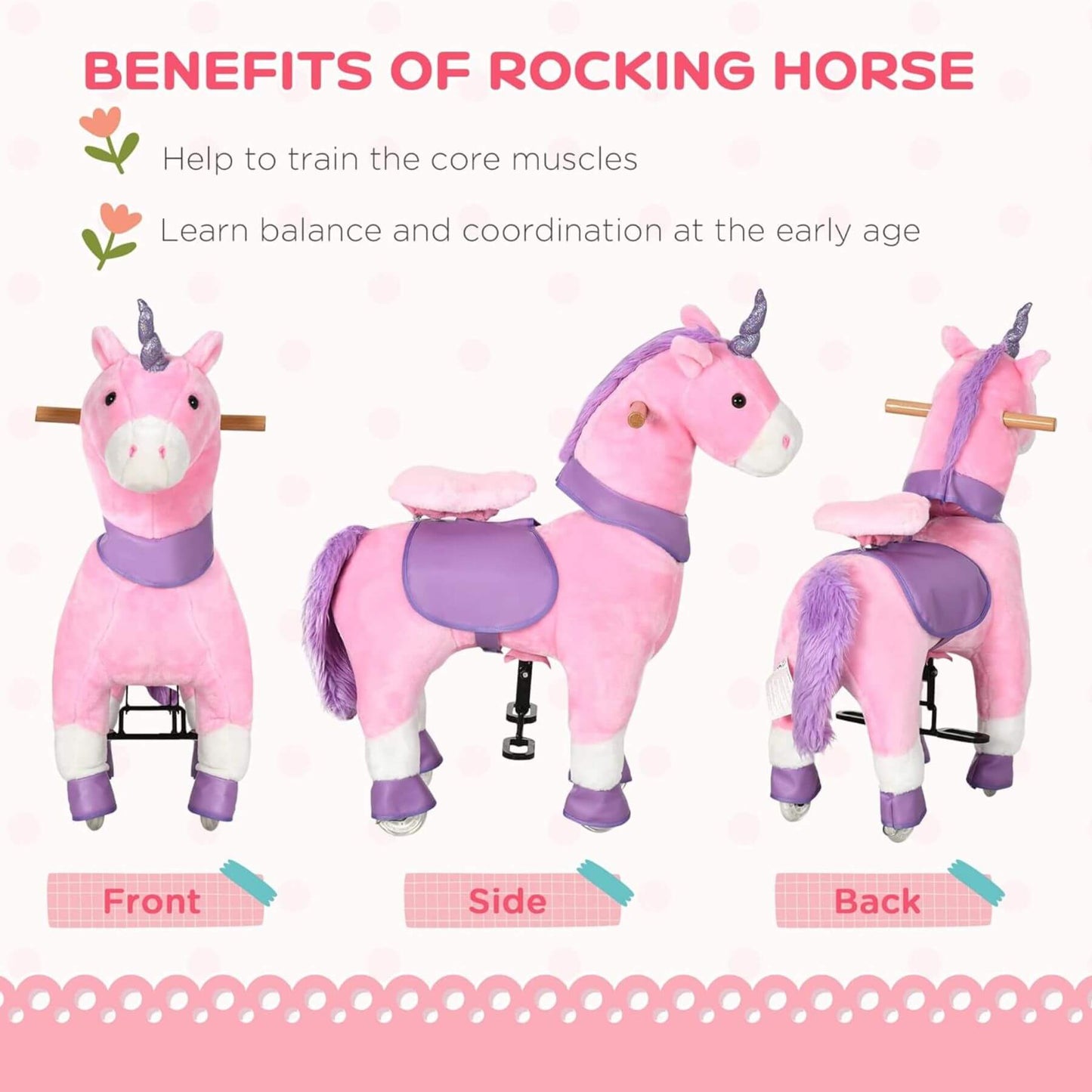 Qaba Ride On Real Walking Unicorn with Sparkly Horn Pink with benefits listed on a white background