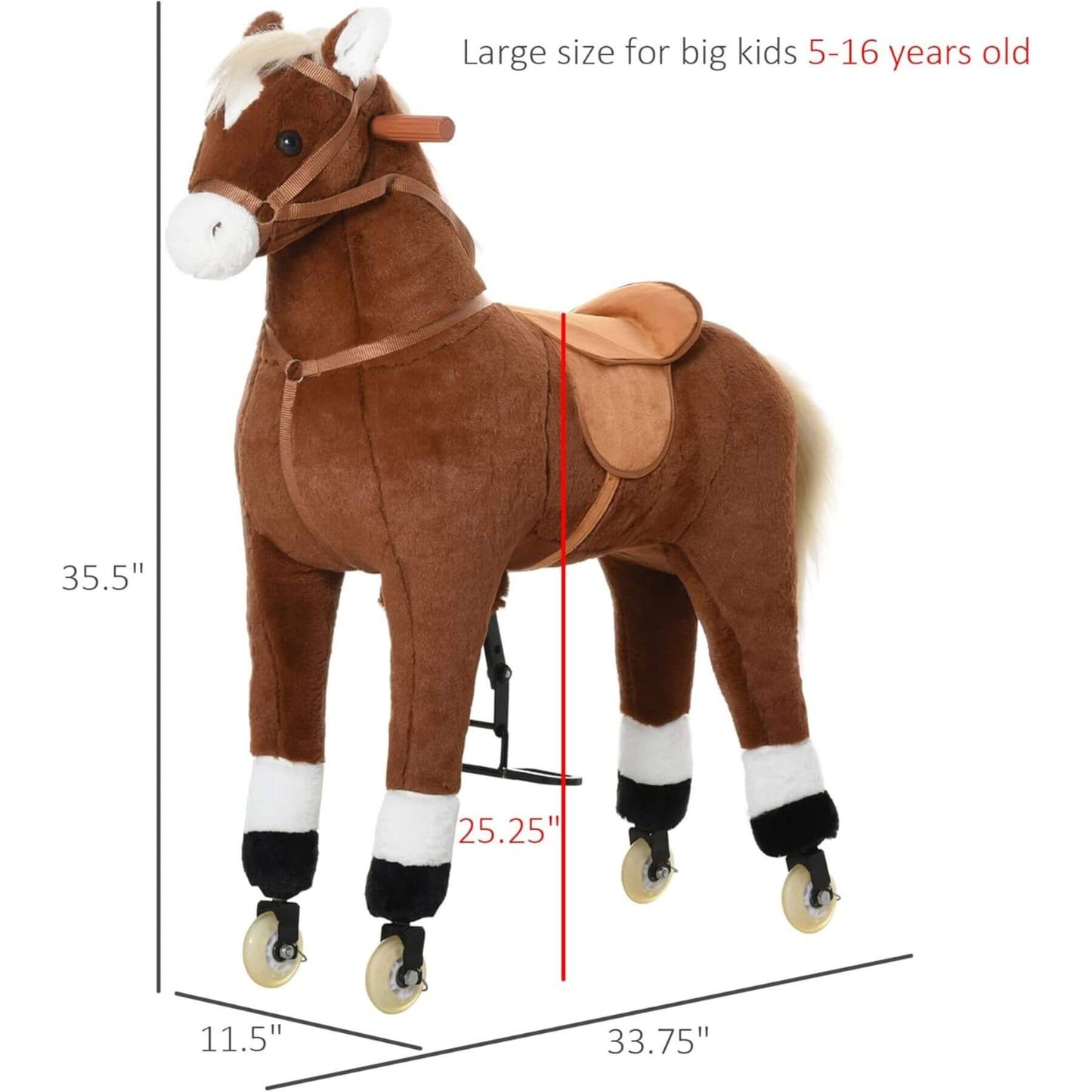 Qaba Kids Ride-on Walking Horse with Easy Rolling Wheels Brown with measurements on a white background