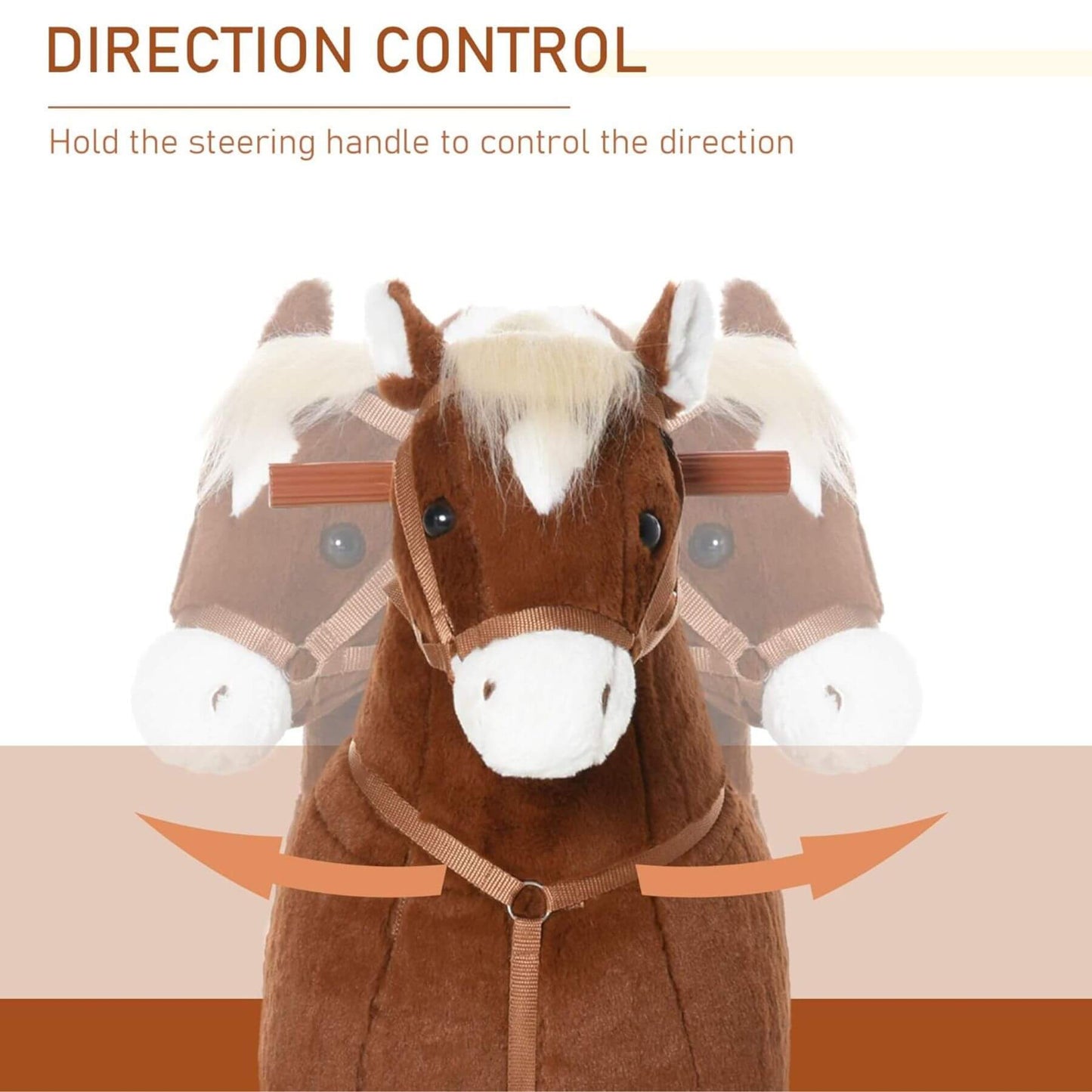 Qaba Kids Ride-on Walking Horse with Easy Rolling Wheels Brown and direction control text on a white background
