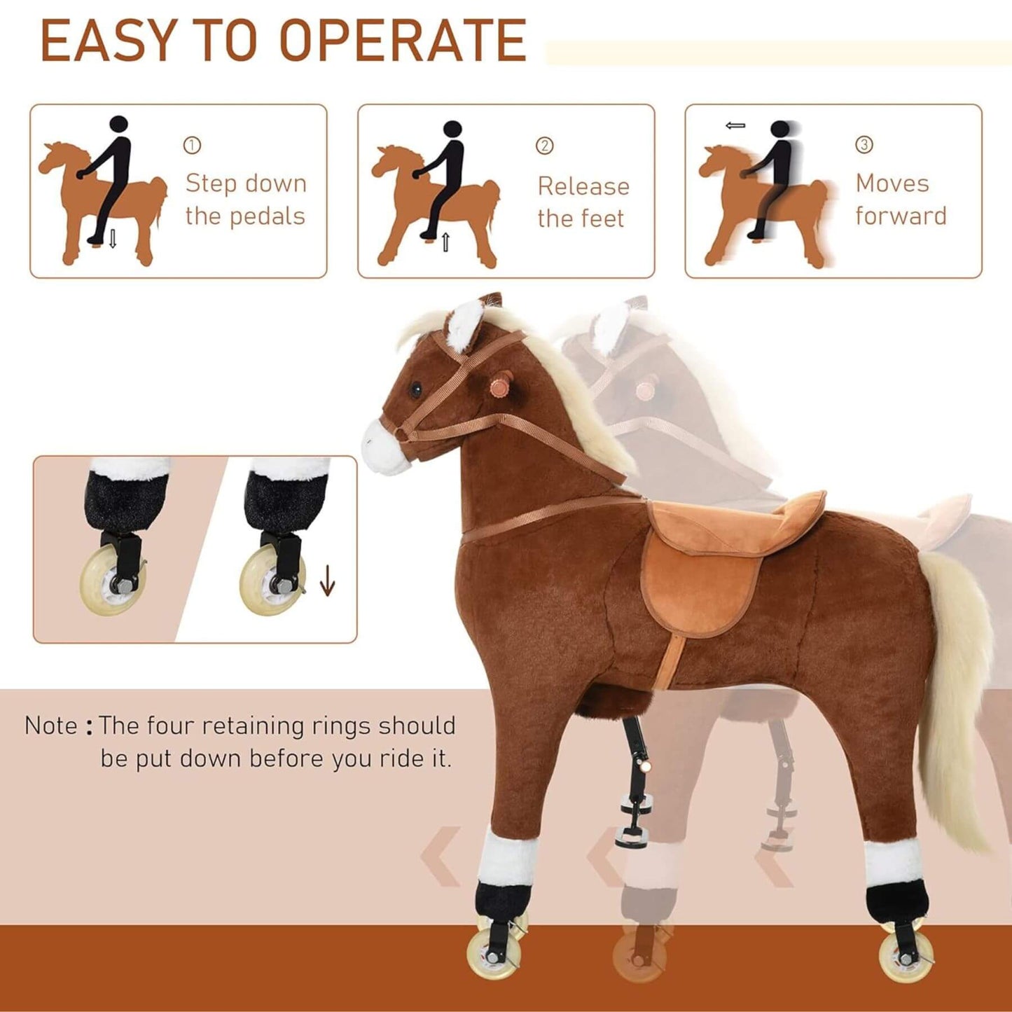 Qaba Kids Ride-on Walking Horse with Easy Rolling Wheels Brown with instructions on how to operate it, including step-by-step illustrations.