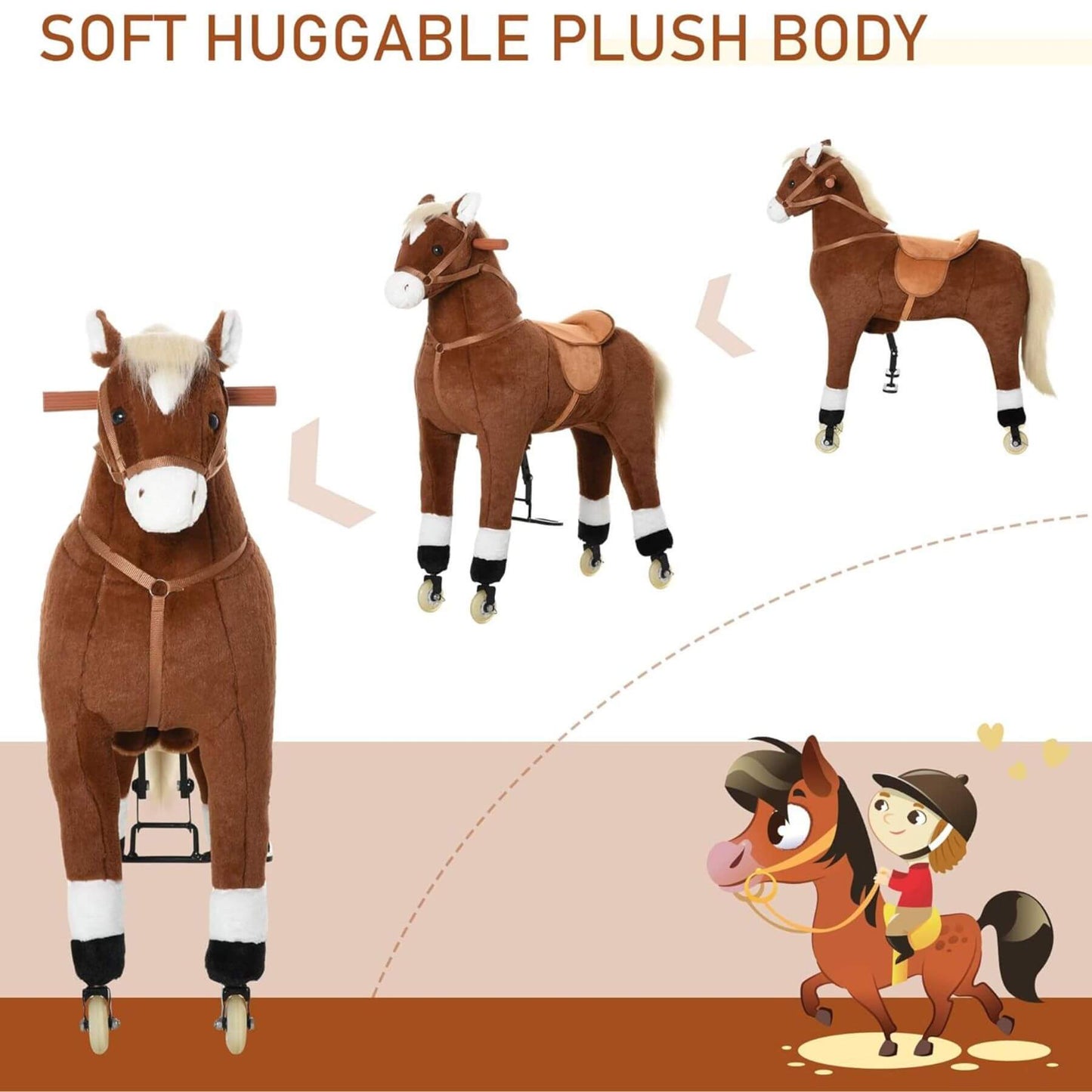 Qaba Kids Ride-on Walking Horse with Easy Rolling Wheels Brown and cartoon illustration of a child riding it on a pink background.
