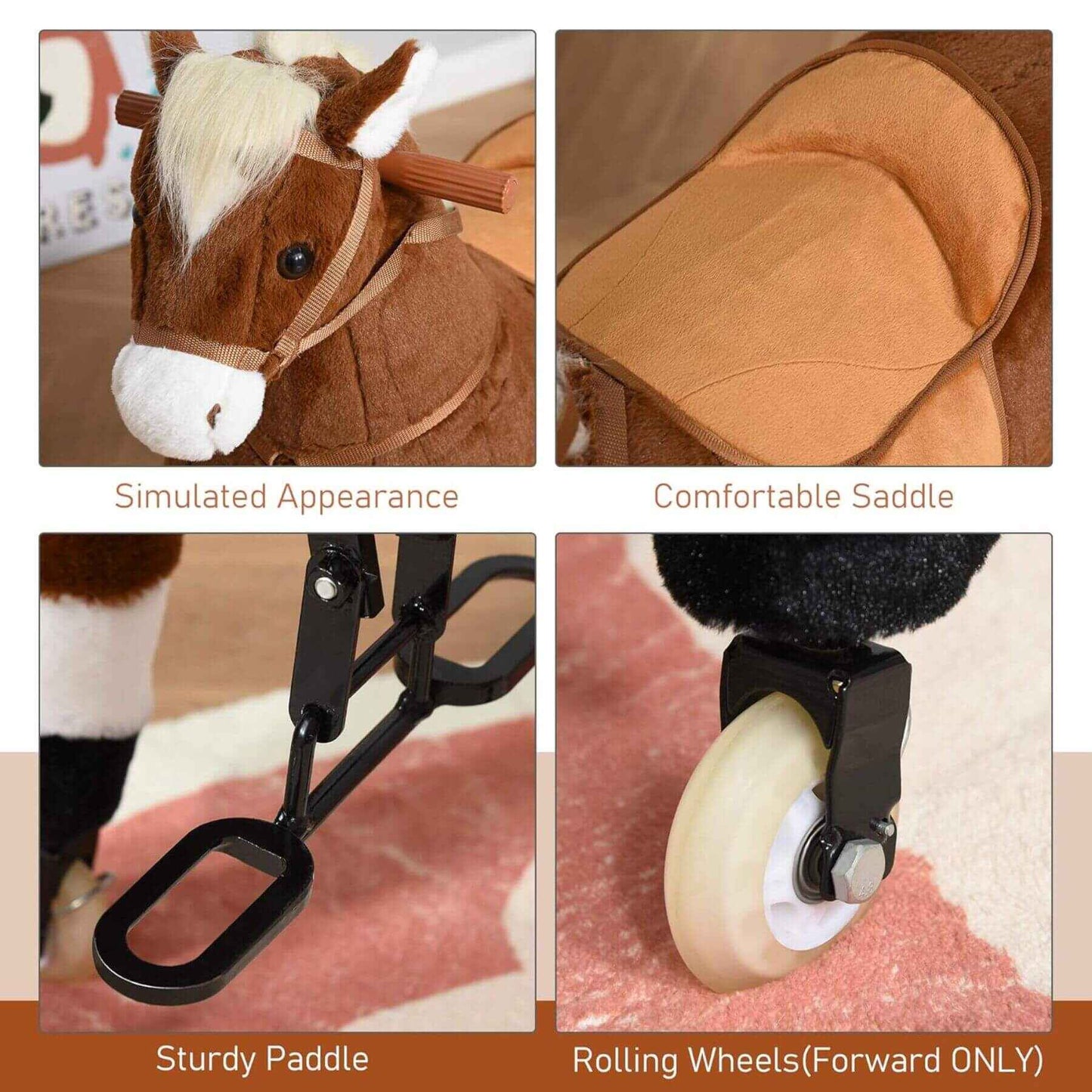 Collage of a toy horse with features labeled: Simulated Appearance, Comfortable Saddle, Sturdy Paddle, and Rolling Wheels.