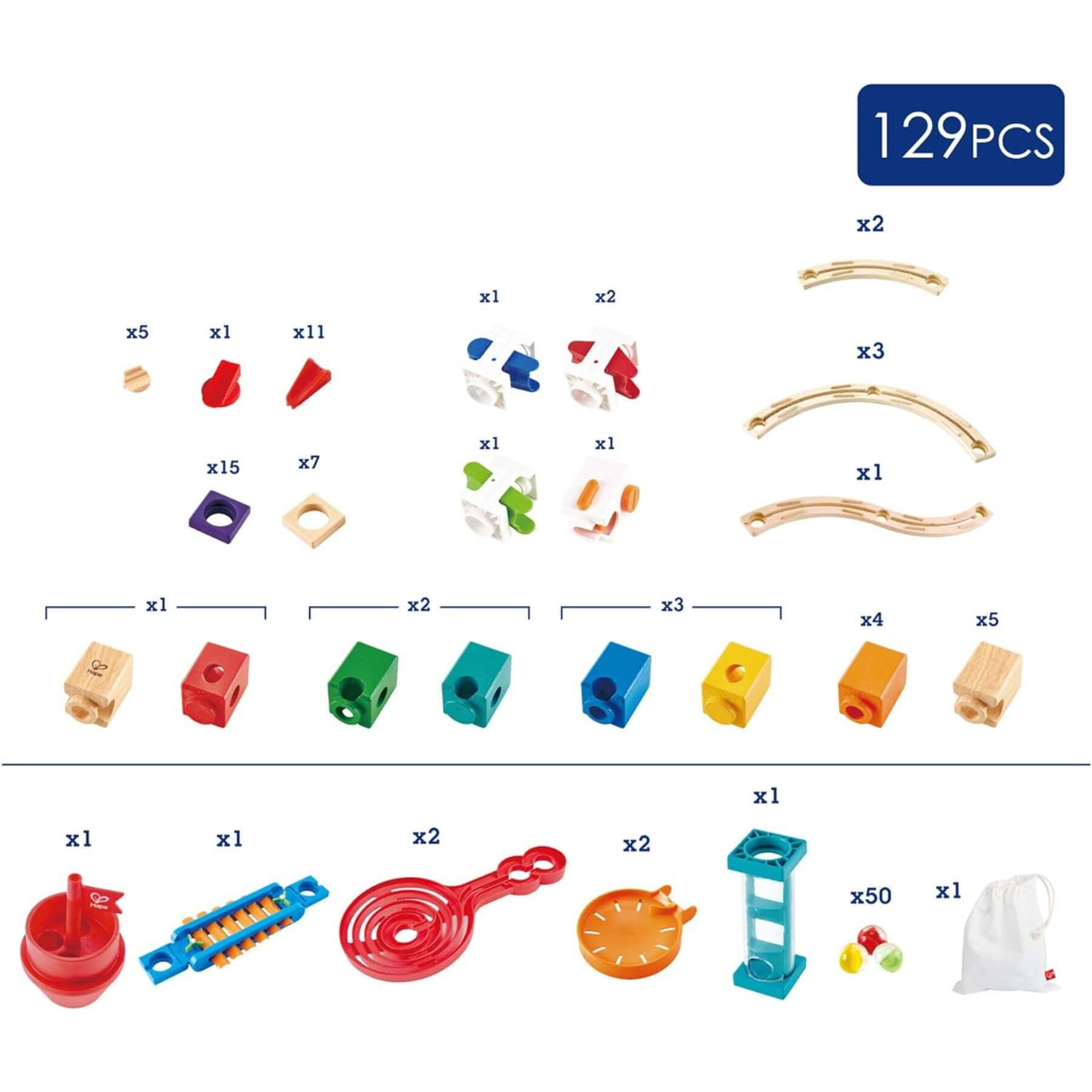 Details of Hape Quadrilla Super Spirals Wooden Marble Run Blocks