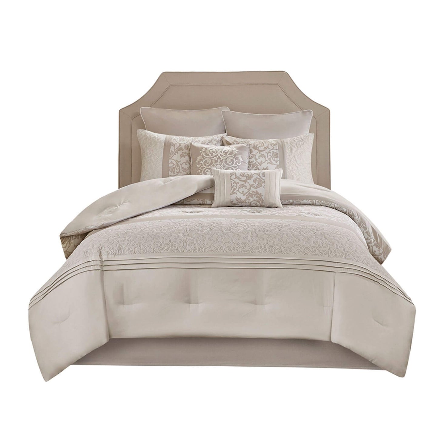 Neatly made Ramsey Embroidered 8 Piece Comforter Set Neutral on a white background