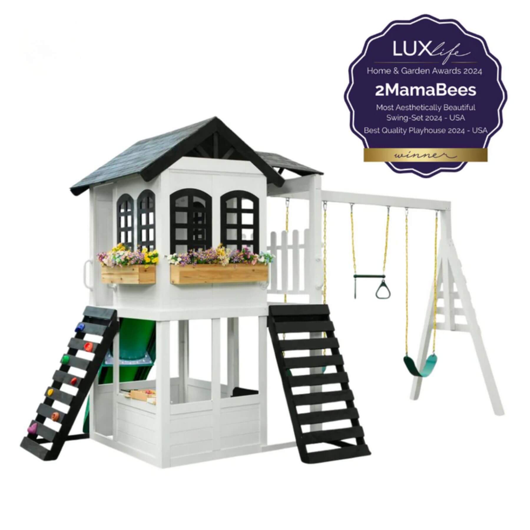 2MamaBees Reign Two Story Playhouse with Reign Swing Attachment