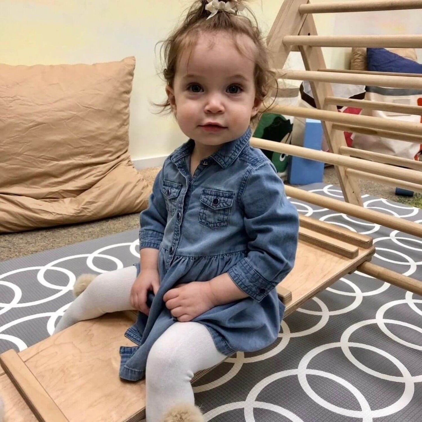 Girl Sitting on RAD Children's Furniture Reversible Climbing Ramp