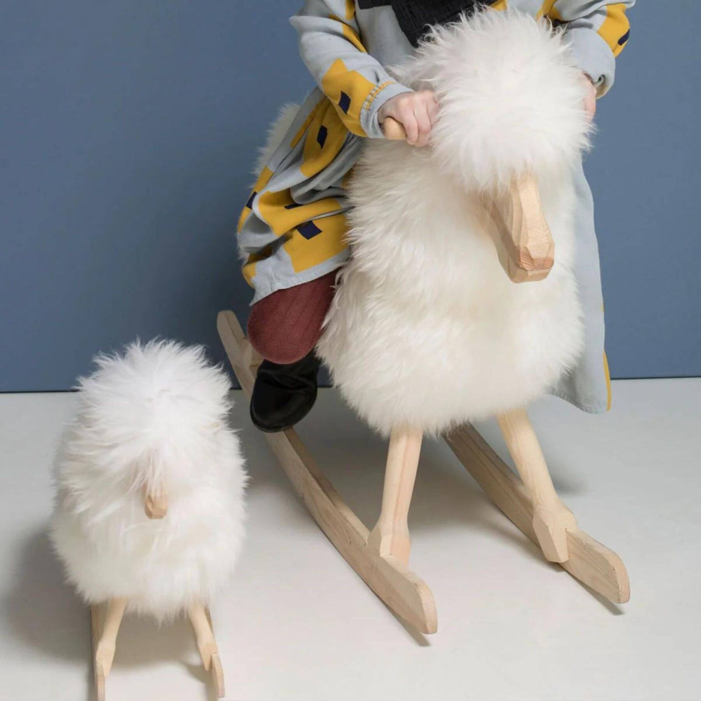 Two Sizes of Rocking Sheep made of Pine Wood covered with Sheepskin, Short Wool, Off White