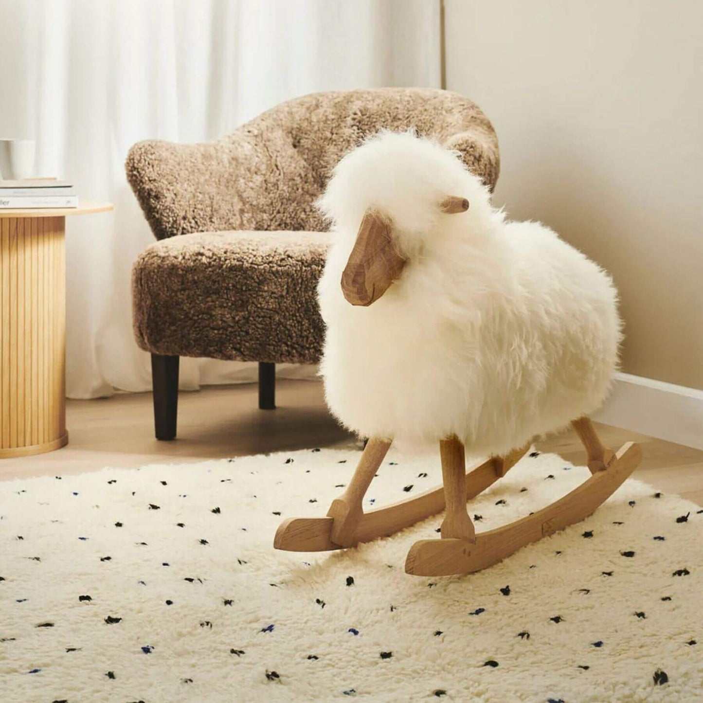 Rocking Sheep Made of Pine Wood Covered with Sheepskin, White