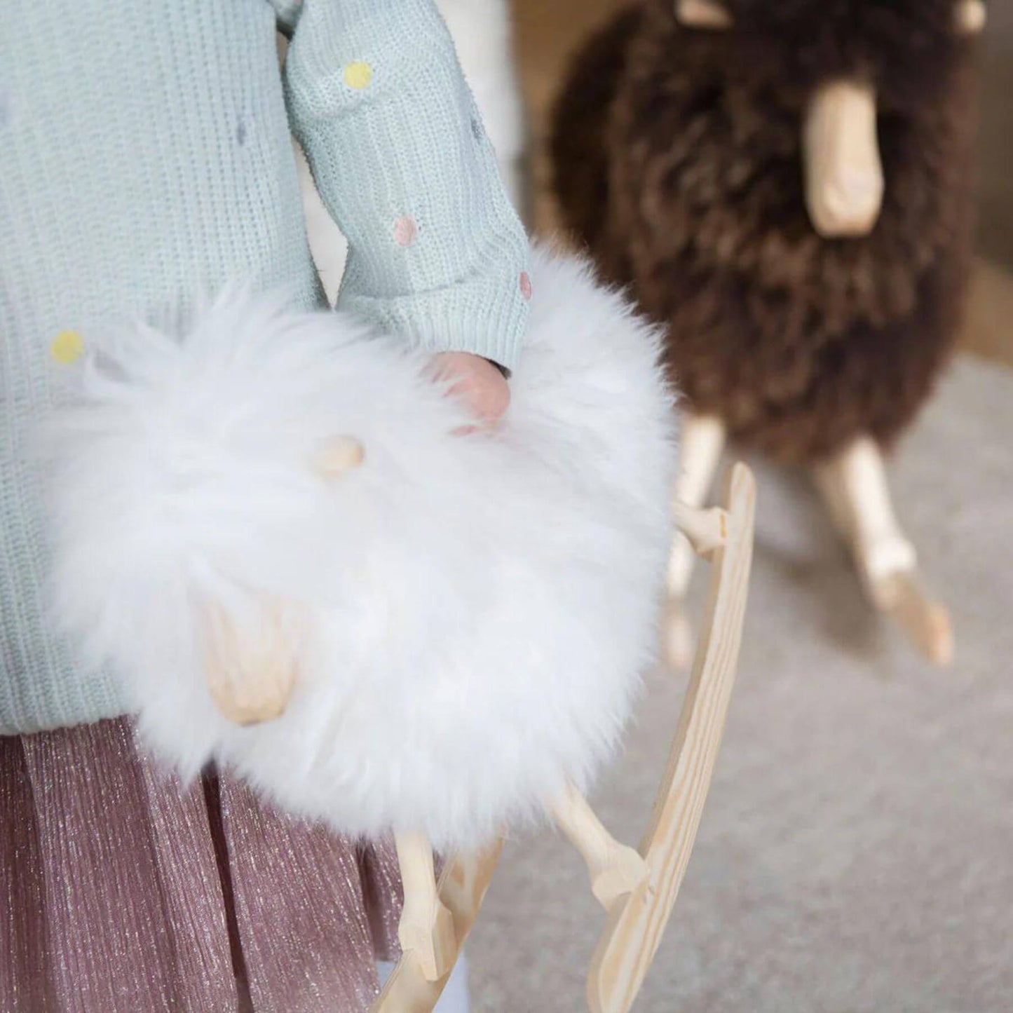 Rocking Sheep Made of Pine Wood Covered with Sheepskin, Long Wool, Small
