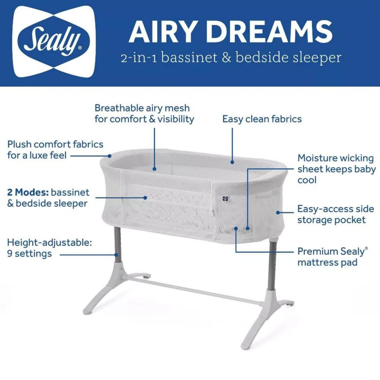 Sealy Airy Dreams Breathable 2-in-1 Baby Bassinet and Bedside Sleeper - Features