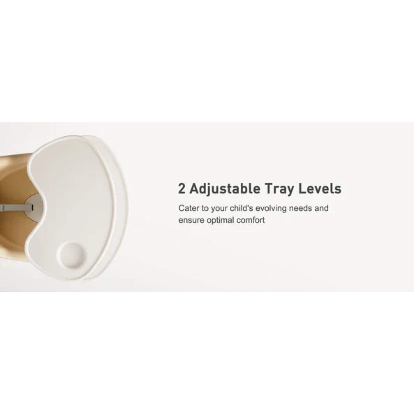White and gold tray of SEGLONIA 3-in-1 Folding High Chair with text about adjustable tray levels on a white background
