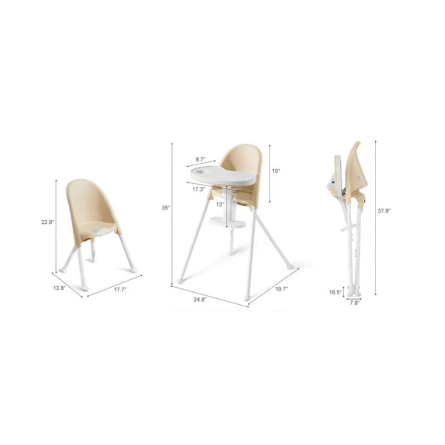 SEGLONIA 3-in-1 Folding High Chair Beige/White with dimensions labeled on a white background