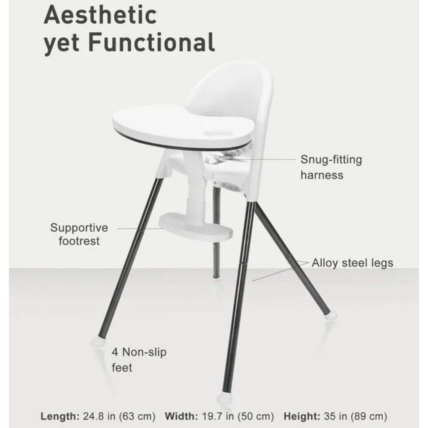 SEGLONIA 3-in-1 Folding High Chair White/Black labeled for features on a light gray background